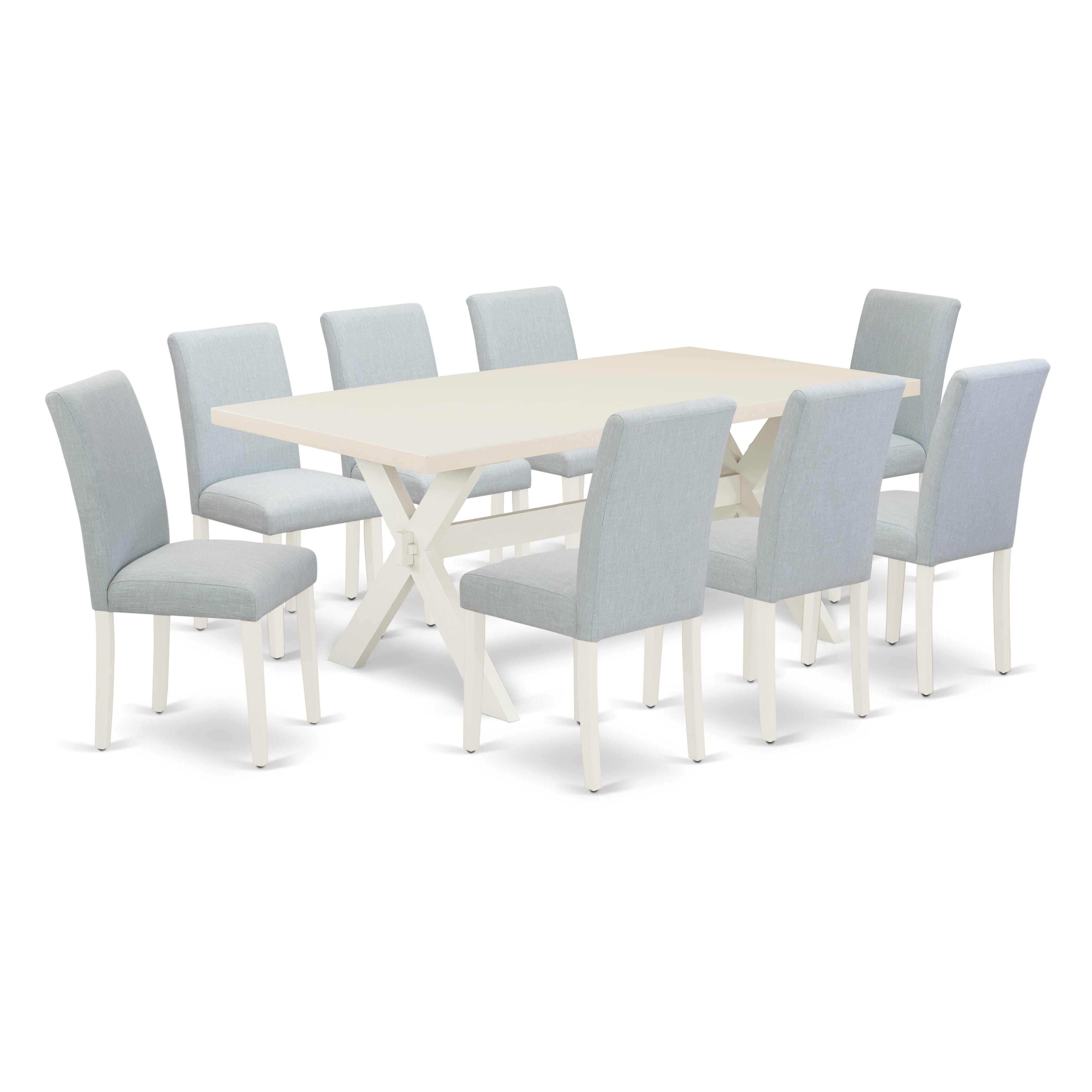 Juego de comedor East West Furniture X027AB015-9 de 9 piezas. Incluye una mesa de comedor rectangular con patas en forma de X y 8 sillas tapizadas en tela de lino azul bebé.