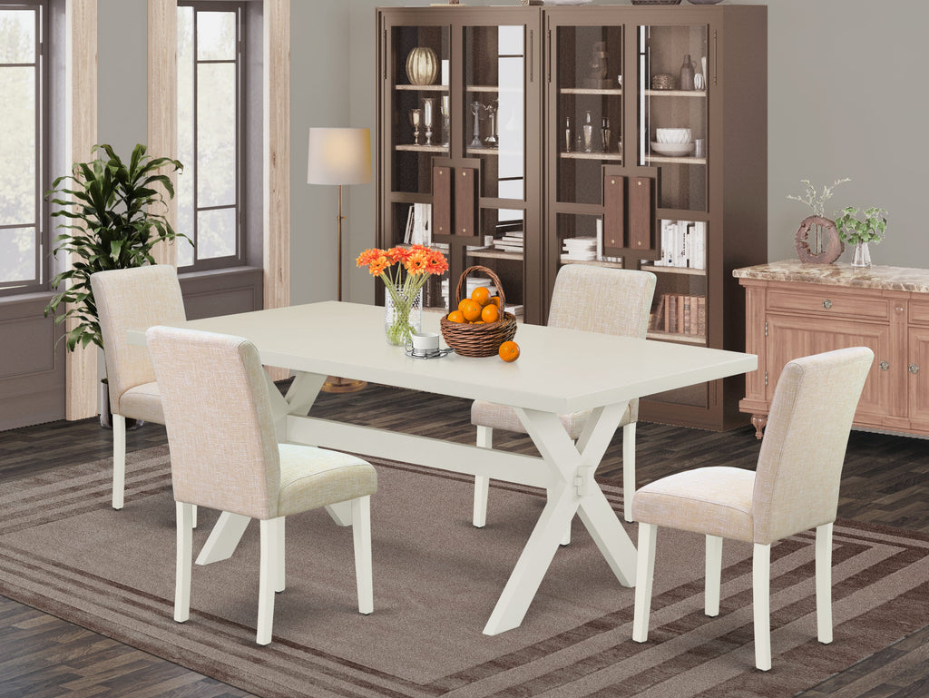 Juego de comedor de 5 piezas East West Furniture X027AB202-5. Incluye una mesa de comedor rectangular con patas en forma de X y 4 sillas tapizadas en tela de lino beige claro.