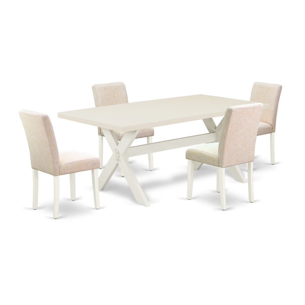Juego de comedor de 5 piezas East West Furniture X027AB202-5. Incluye una mesa de comedor rectangular con patas en forma de X y 4 sillas tapizadas en tela de lino beige claro.