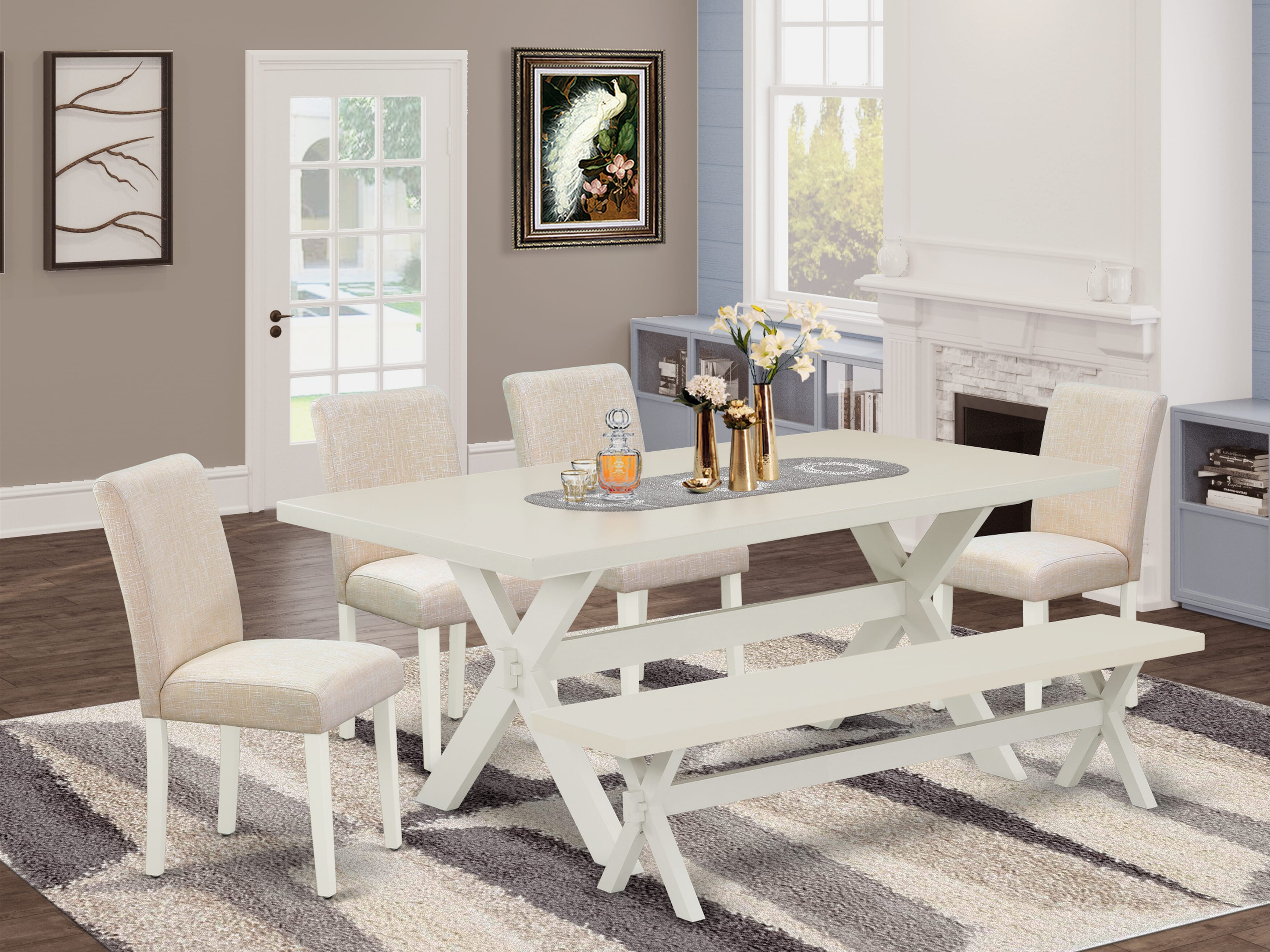 Juego de comedor de 6 piezas East West Furniture X027AB202-6. Contiene una mesa de comedor rectangular con patas en forma de X y 4 sillas Parson de tela de lino beige claro con un banco.