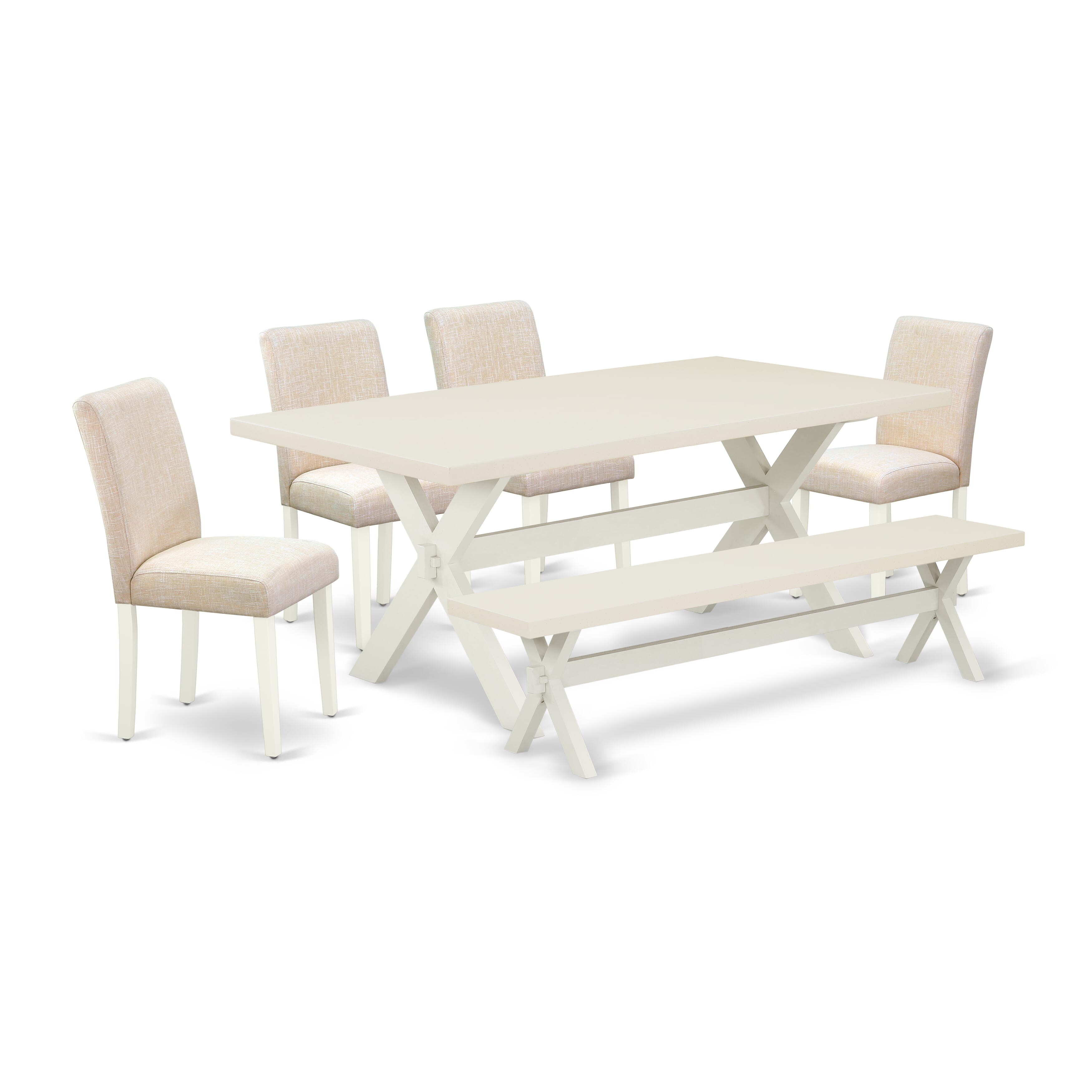 Juego de comedor de 6 piezas East West Furniture X027AB202-6. Contiene una mesa de comedor rectangular con patas en forma de X y 4 sillas Parson de tela de lino beige claro con un banco.