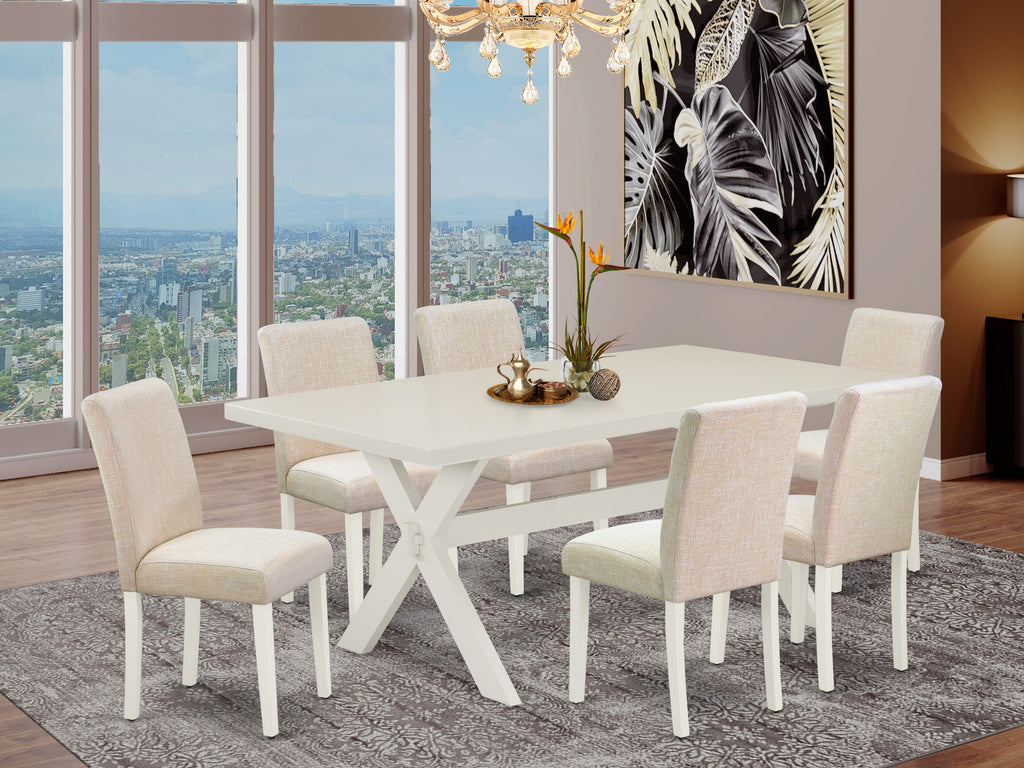 Juego de mesa de cocina de 7 piezas East West Furniture X027AB202-7 compuesto por una mesa de comedor rectangular con patas en forma de X y 6 sillas de comedor Parson de tela de lino beige claro.