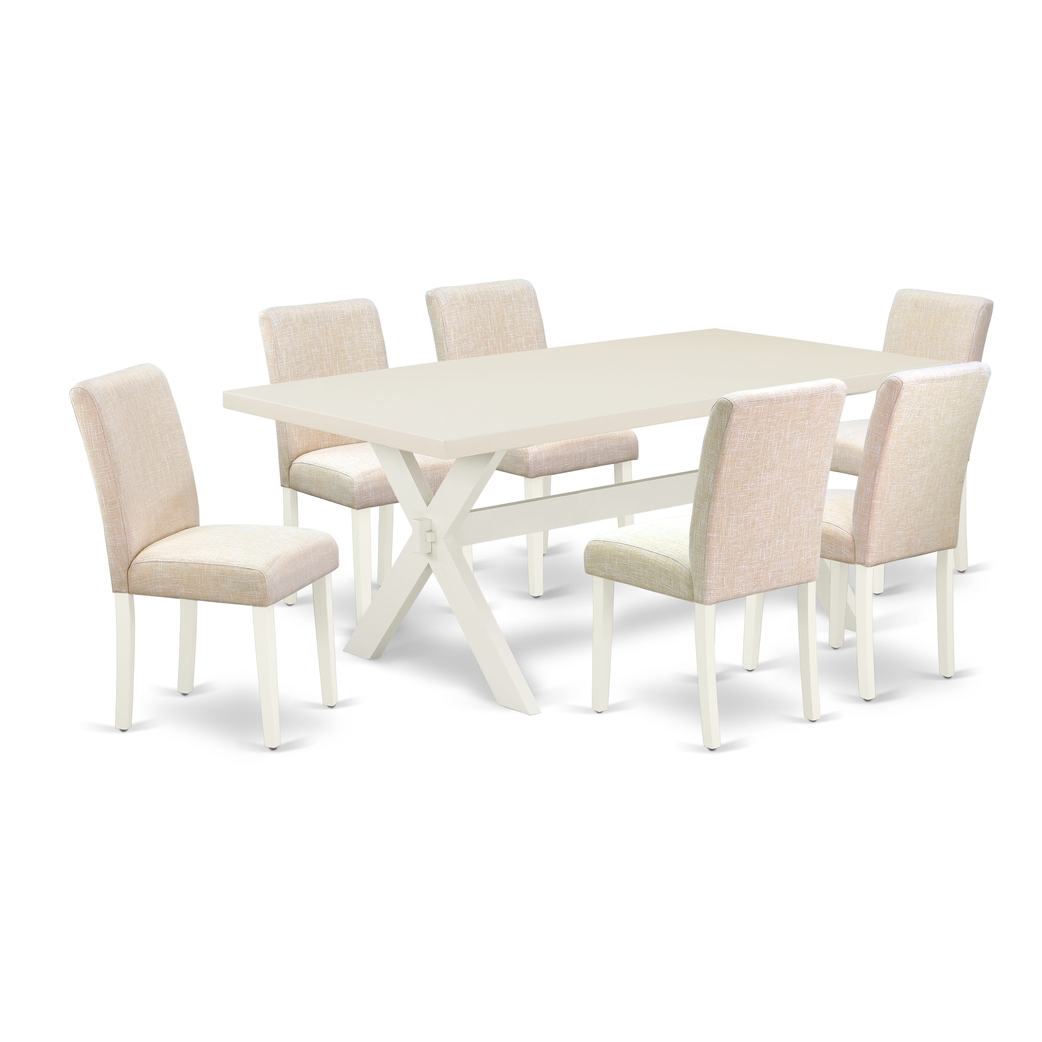 Juego de mesa de cocina de 7 piezas East West Furniture X027AB202-7 compuesto por una mesa de comedor rectangular con patas en forma de X y 6 sillas de comedor Parson de tela de lino beige claro.