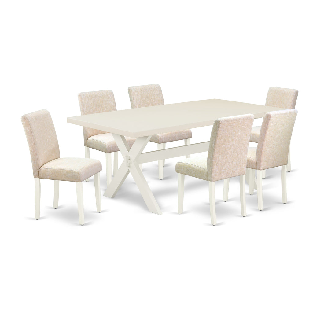 Juego de mesa de cocina de 7 piezas East West Furniture X027AB202-7 compuesto por una mesa de comedor rectangular con patas en forma de X y 6 sillas de comedor Parson de tela de lino beige claro.