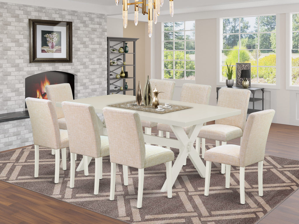 Juego de comedor East West Furniture X027AB202-9 de 9 piezas. Incluye una mesa de comedor rectangular con patas en forma de X y 8 sillas tapizadas en tela de lino beige claro.