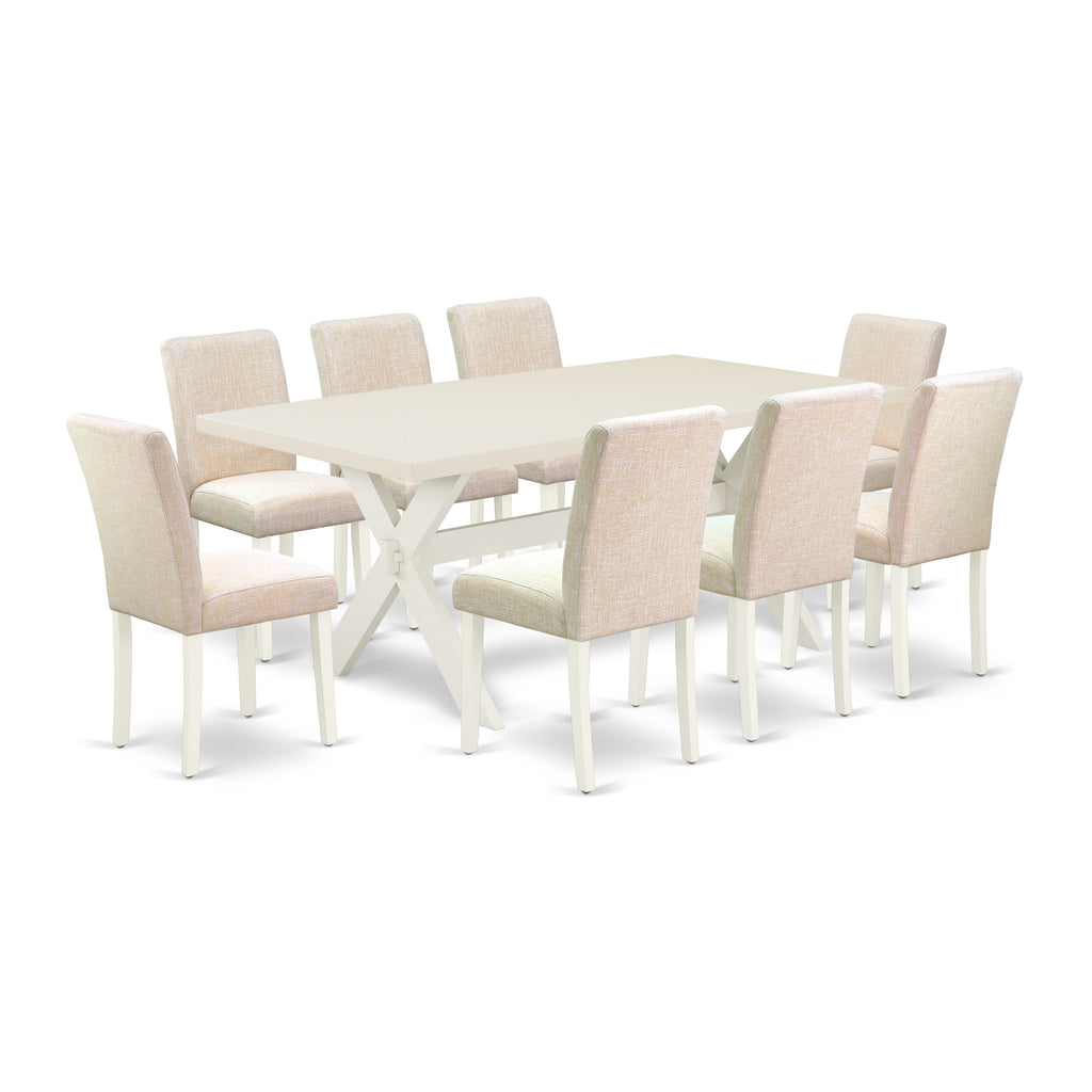 Juego de comedor East West Furniture X027AB202-9 de 9 piezas. Incluye una mesa de comedor rectangular con patas en forma de X y 8 sillas tapizadas en tela de lino beige claro.