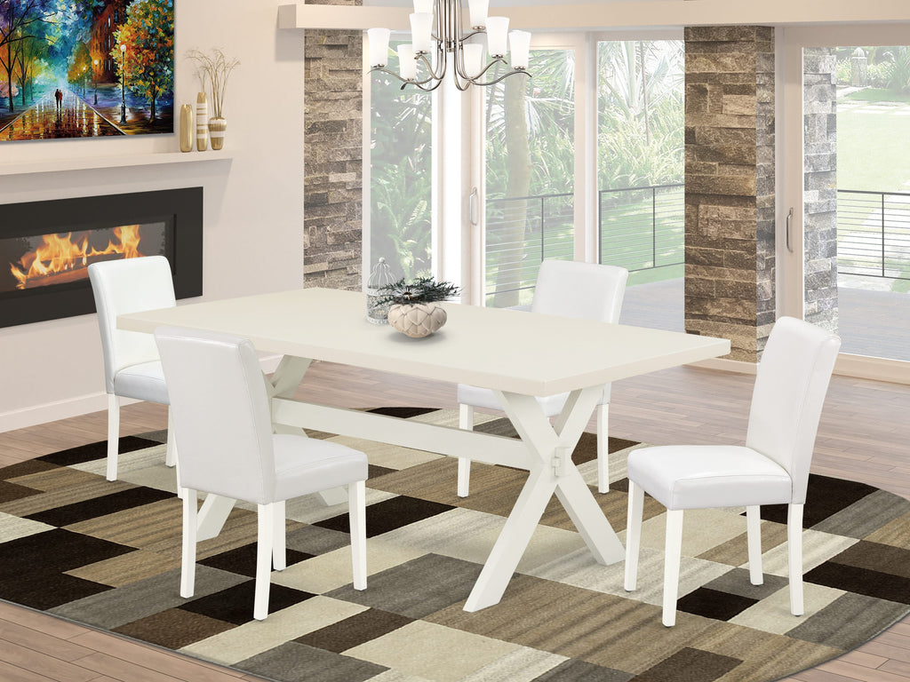 El juego de mesa de comedor de 5 piezas East West Furniture X027AB264-5 incluye una mesa de comedor rectangular con patas en forma de X y 4 sillas Parsons de cuero sintético blanco.