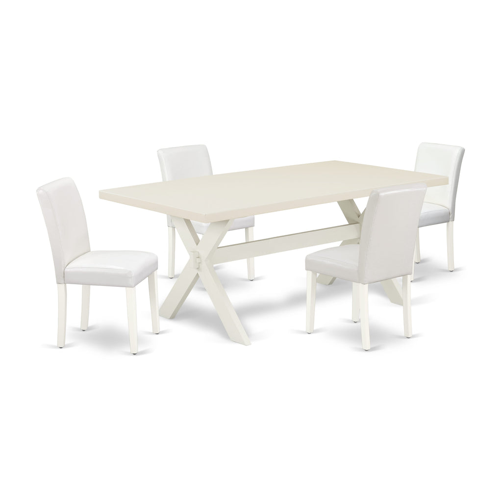 El juego de mesa de comedor de 5 piezas East West Furniture X027AB264-5 incluye una mesa de comedor rectangular con patas en forma de X y 4 sillas Parsons de cuero sintético blanco.
