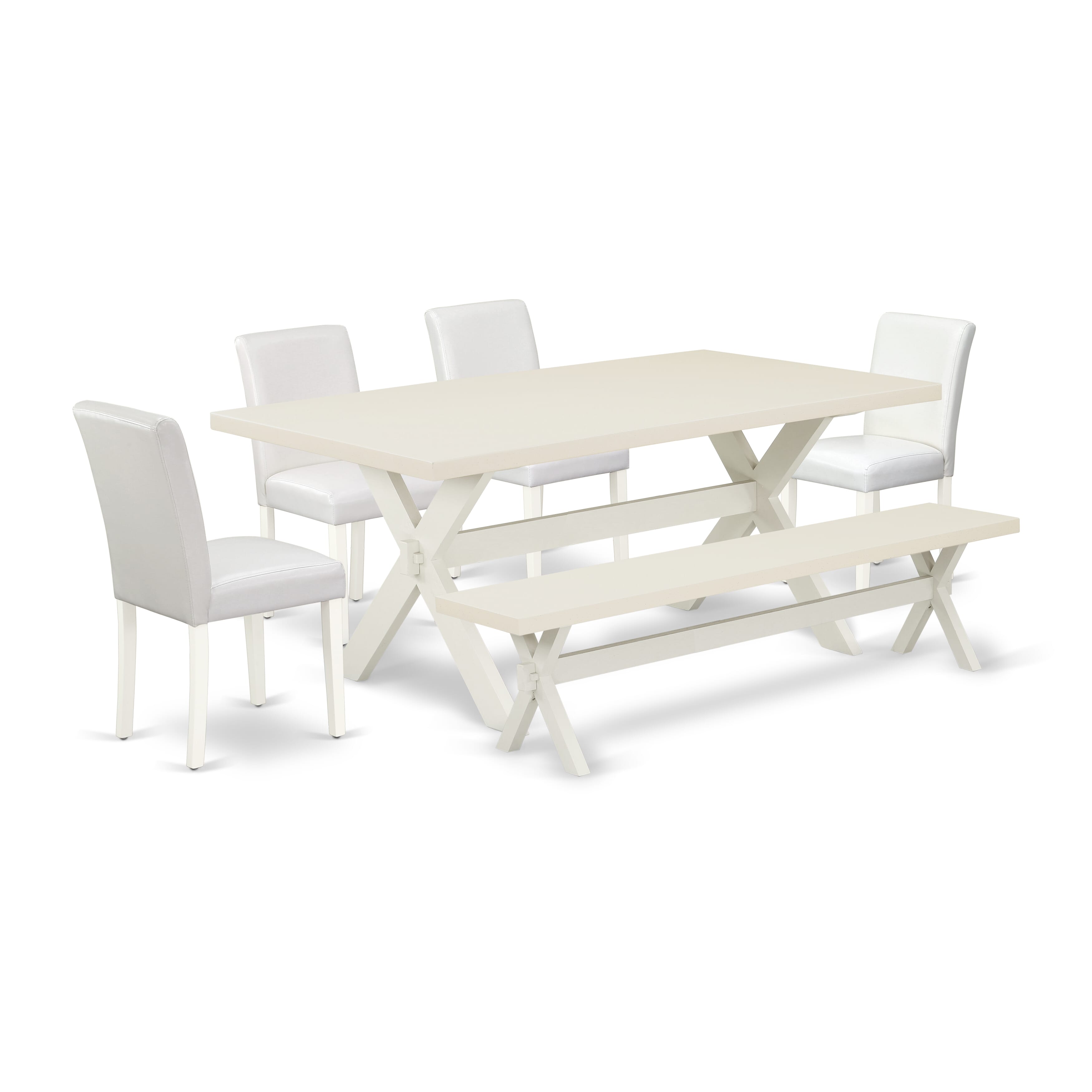 Juego de mesa de comedor de 6 piezas East West Furniture X027AB264-6. Contiene una mesa de cocina rectangular con patas en forma de X y 4 sillas tapizadas de piel sintética blanca con un banco.