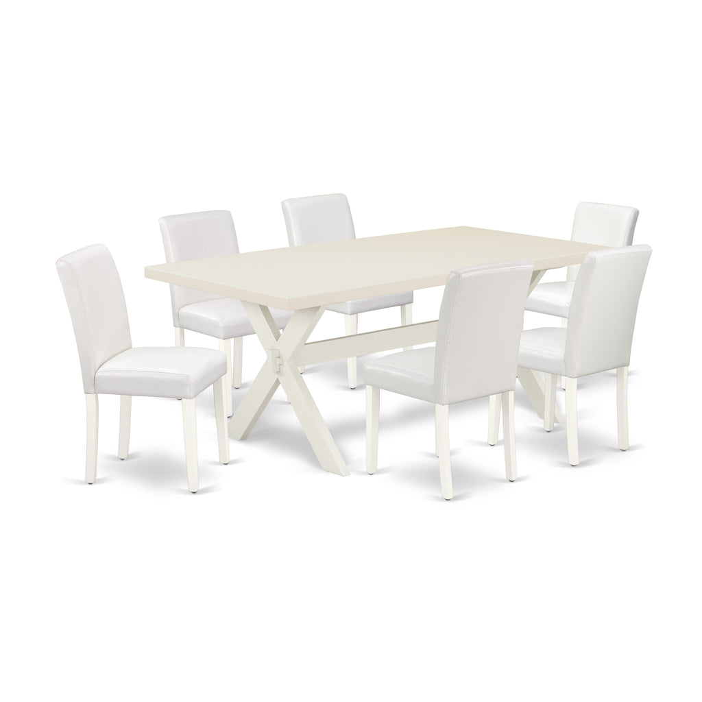 Juego de comedor de 7 piezas East West Furniture X027AB264-7 compuesto por una mesa de comedor rectangular con patas en forma de X y 6 sillas Parson tapizadas en piel sintética blanca.