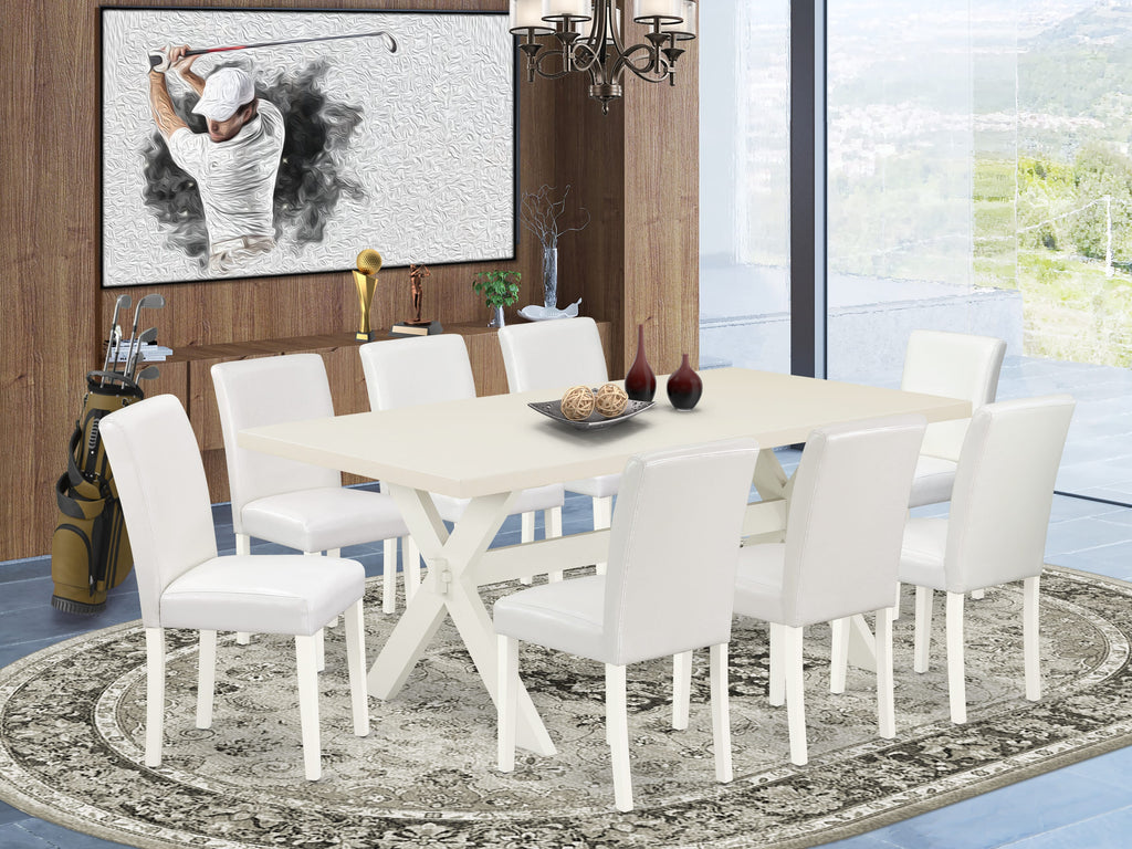 Juego de comedor de 9 piezas East West Furniture X027AB264-9. Incluye una mesa de comedor rectangular con patas en forma de X y 8 sillas Parson tapizadas en piel sintética blanca.