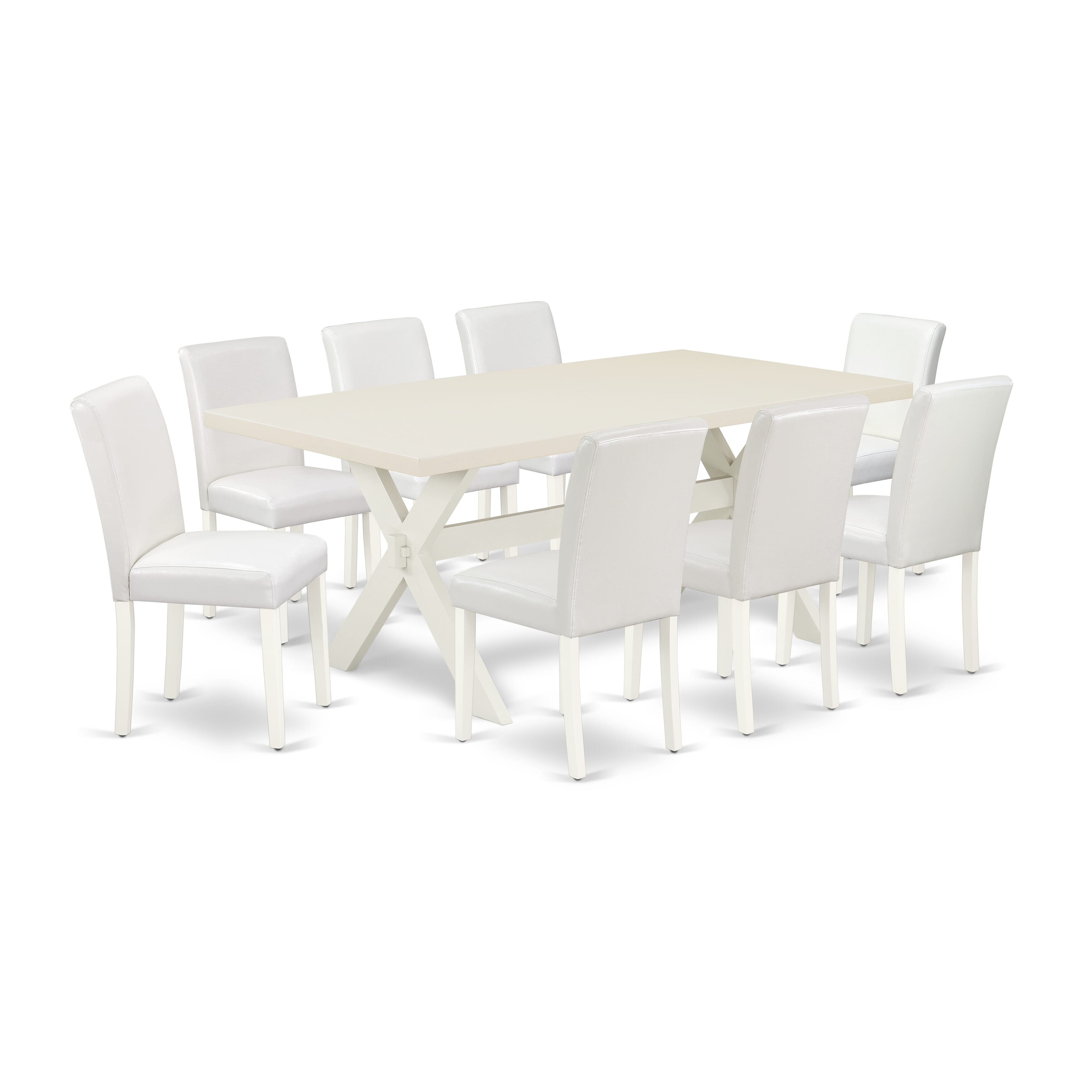 Juego de comedor de 9 piezas East West Furniture X027AB264-9. Incluye una mesa de comedor rectangular con patas en forma de X y 8 sillas Parson tapizadas en piel sintética blanca.
