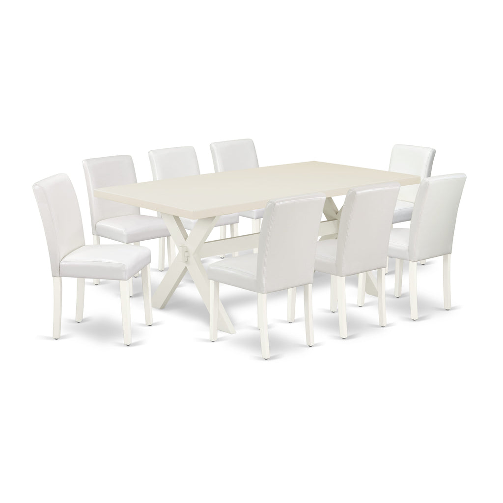 Juego de comedor de 9 piezas East West Furniture X027AB264-9. Incluye una mesa de comedor rectangular con patas en forma de X y 8 sillas Parson tapizadas en piel sintética blanca.