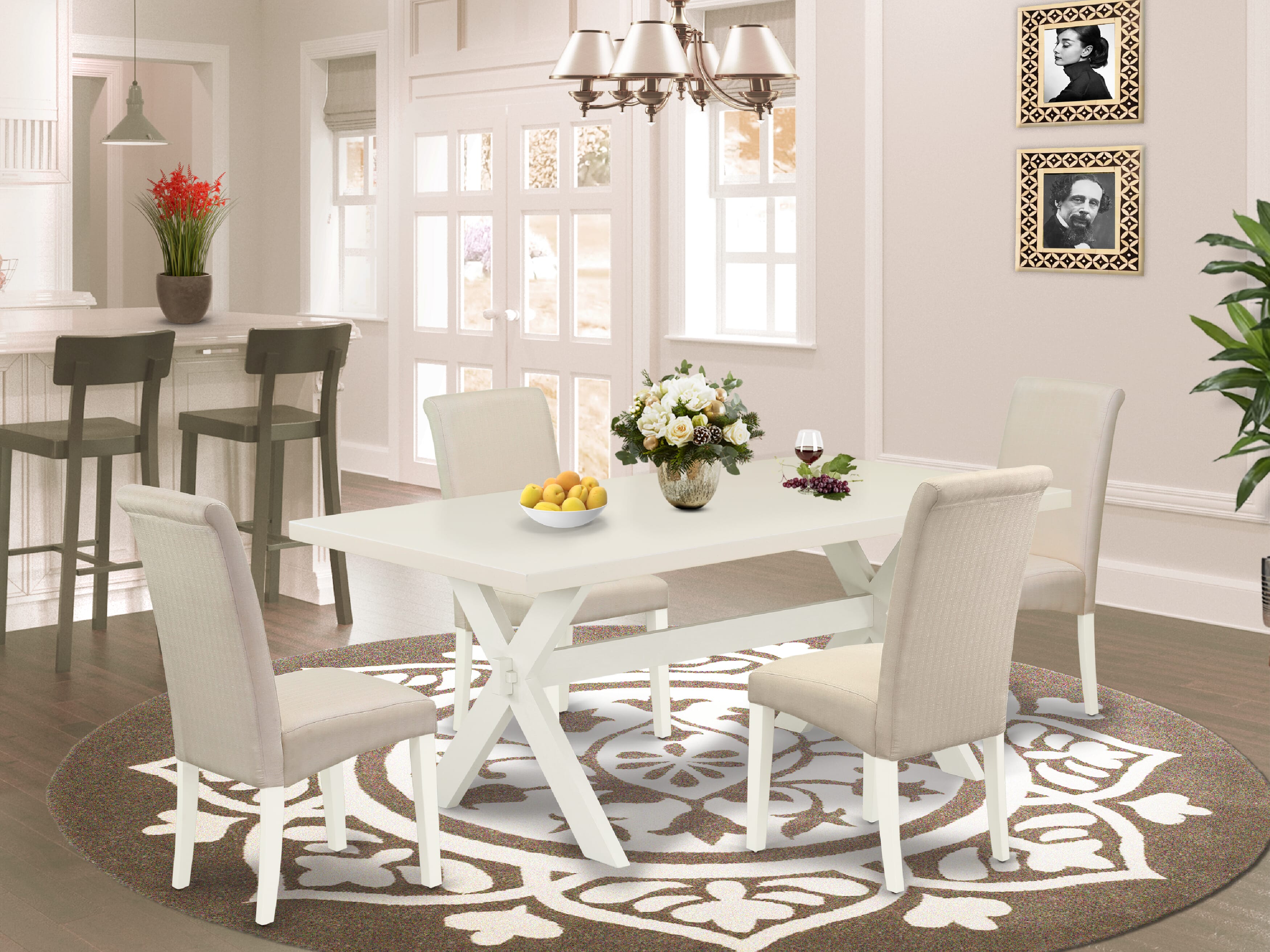 East West Furniture X027BA201-5 5-Pc Modern Dinette SetIncluded 4 Parson Dining chairs Upholstered Nails Head Seat and Stylish Chair Back and Rectangular Mid Century Dining Table with linen white rectangular Dining Table top (linen white Finish)
