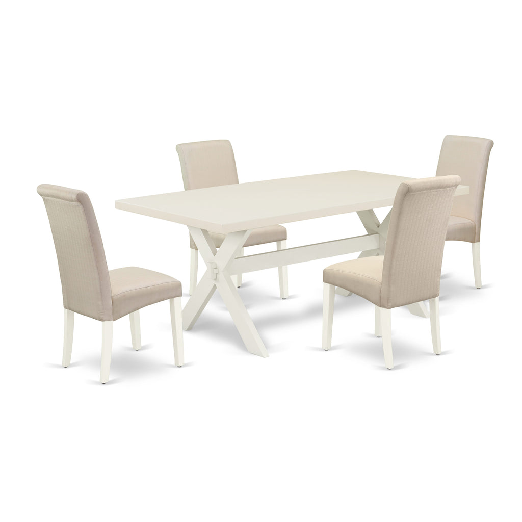 East West Furniture X027BA201-5 5 Piece Kitchen Table Set for 4 Includes a Rectangle Dining Room Table with X-Legs and 4 Cream Linen Fabric Upholstered Chairs