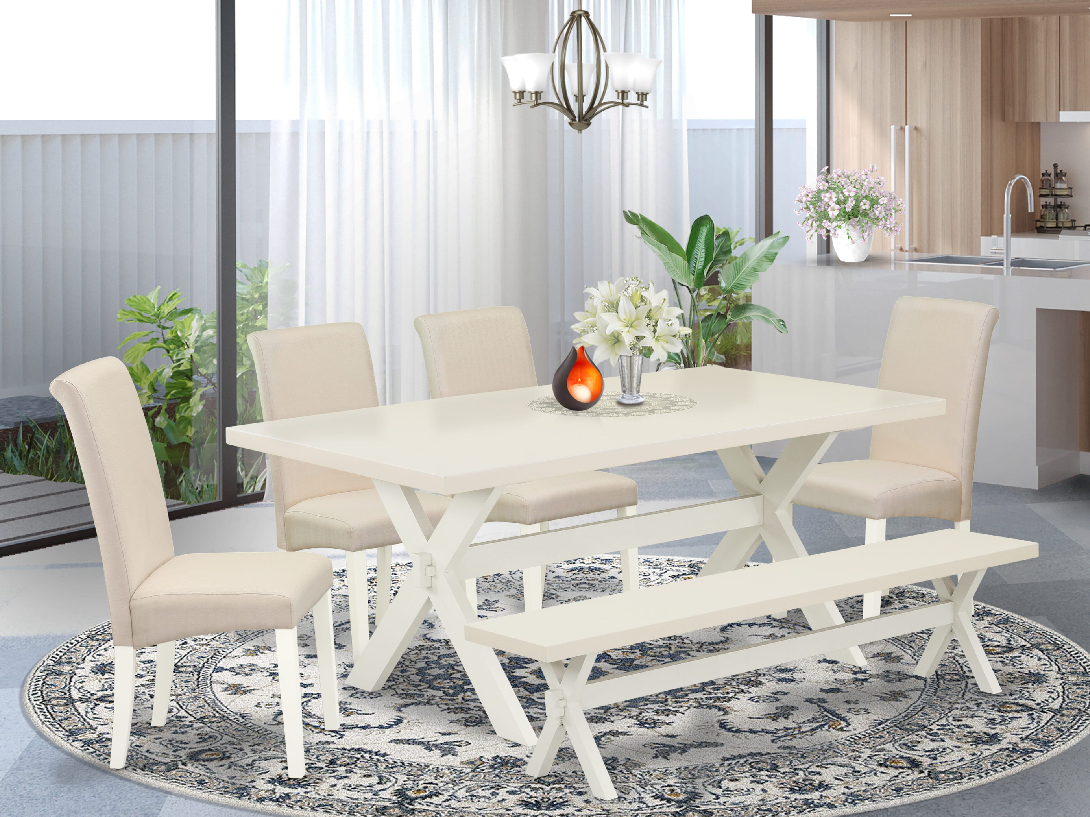 East West Furniture X027BA201-6 6-Piece Dining -Luxurious cream linen fabric Seat and High Stylish Chair Back dining room chairs, A Rectangular Bench and Rectangular top Kitchen Table with Wooden Legs - linen white and linen white Finish