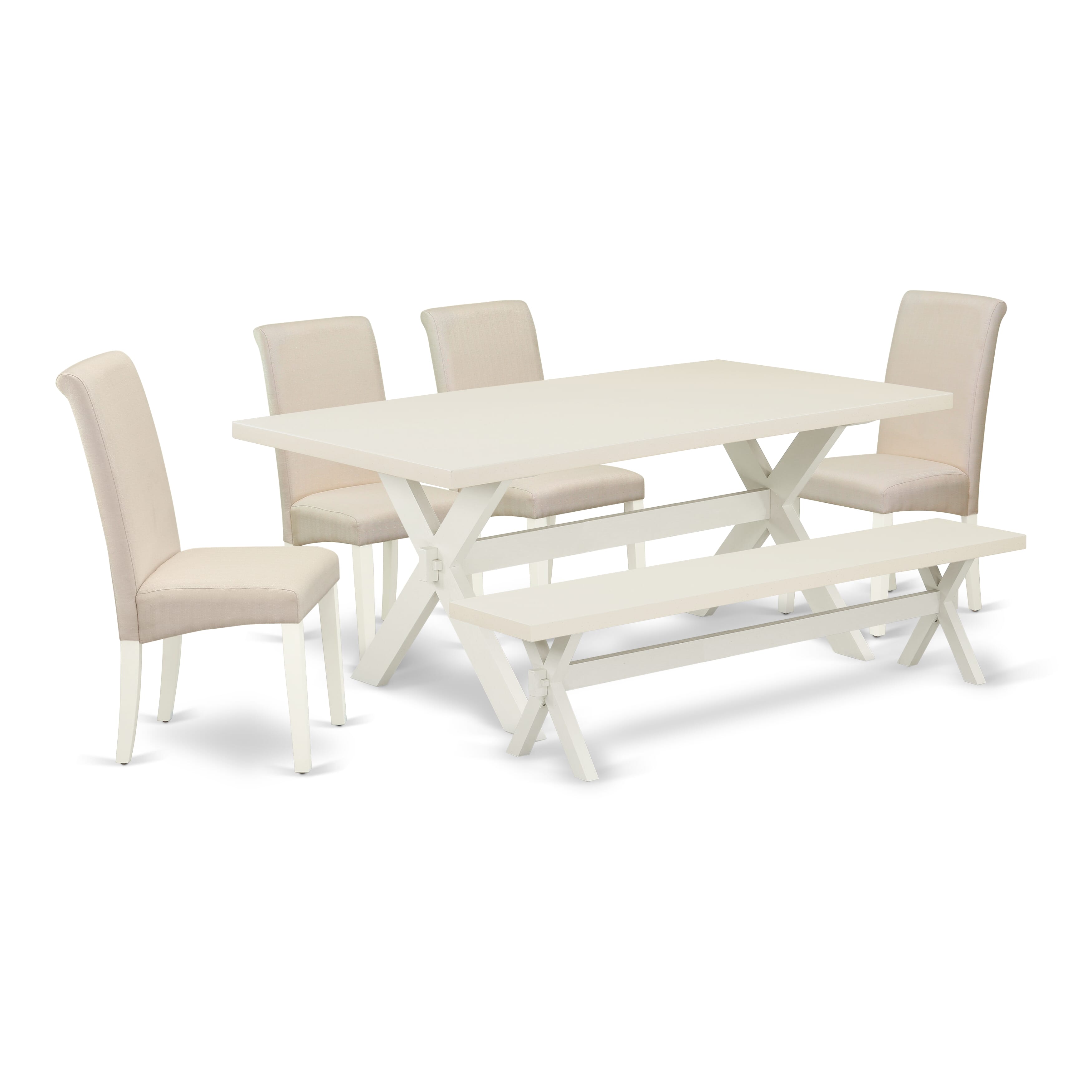 East West Furniture X027BA201-6 6-Piece Dining -Luxurious cream linen fabric Seat and High Stylish Chair Back dining room chairs, A Rectangular Bench and Rectangular top Kitchen Table with Wooden Legs - linen white and linen white Finish