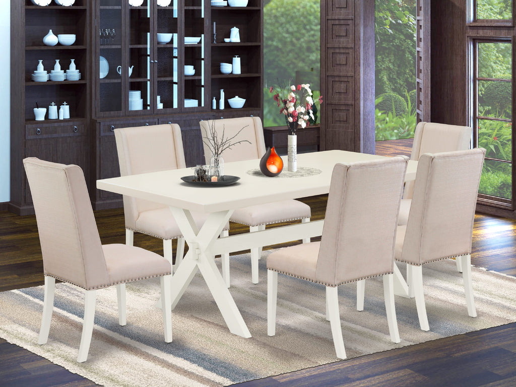 East West Furniture X027BA201-7 7 Piece Dining Table Set Consist of a Rectangle Kitchen Table with X-Legs and 6 Cream Linen Fabric Parson Dining Room Chairs