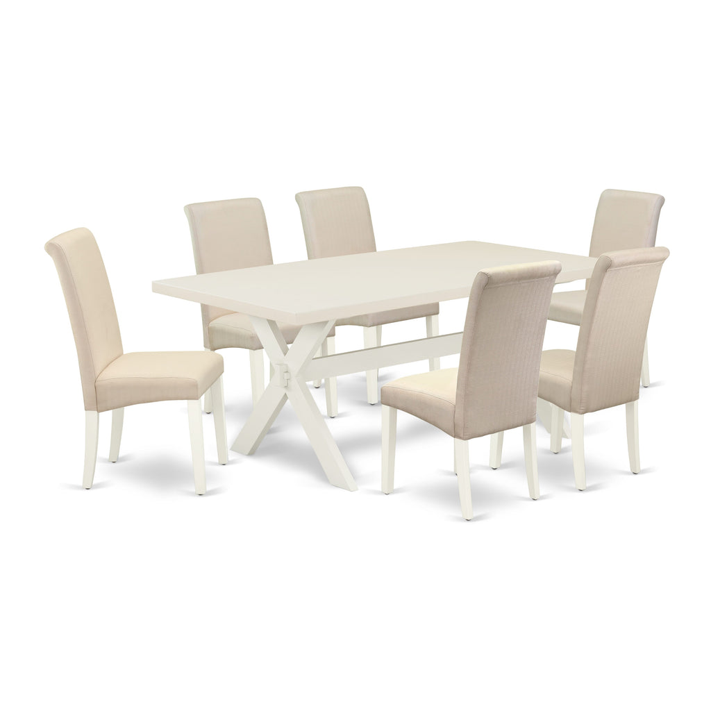 East West Furniture X027BA201-7 7 Piece Dining Table Set Consist of a Rectangle Kitchen Table with X-Legs and 6 Cream Linen Fabric Parson Dining Room Chairs