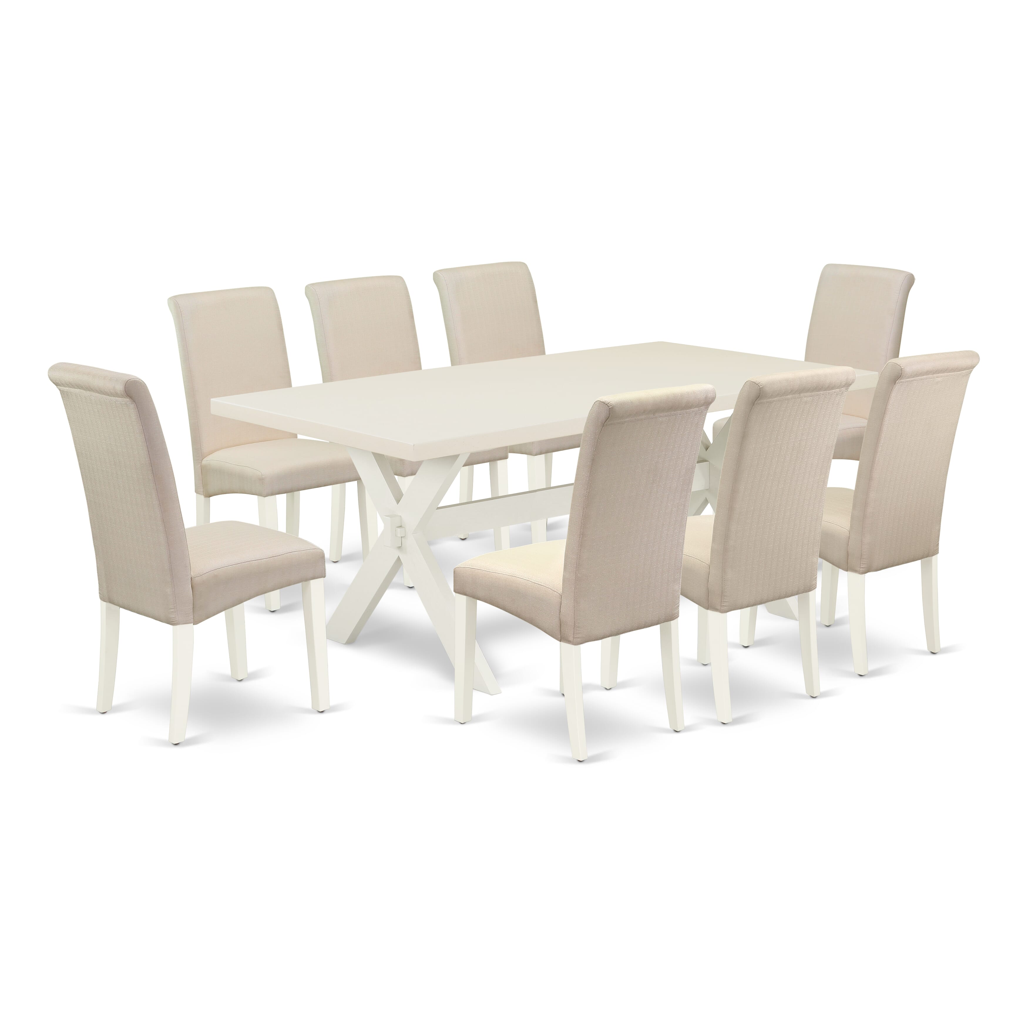 Juego de mesa de comedor de 9 piezas East West Furniture X027BA201-9. Incluye una mesa de cocina rectangular con patas en forma de X y 8 sillas de comedor Parson de tela de lino color crema.