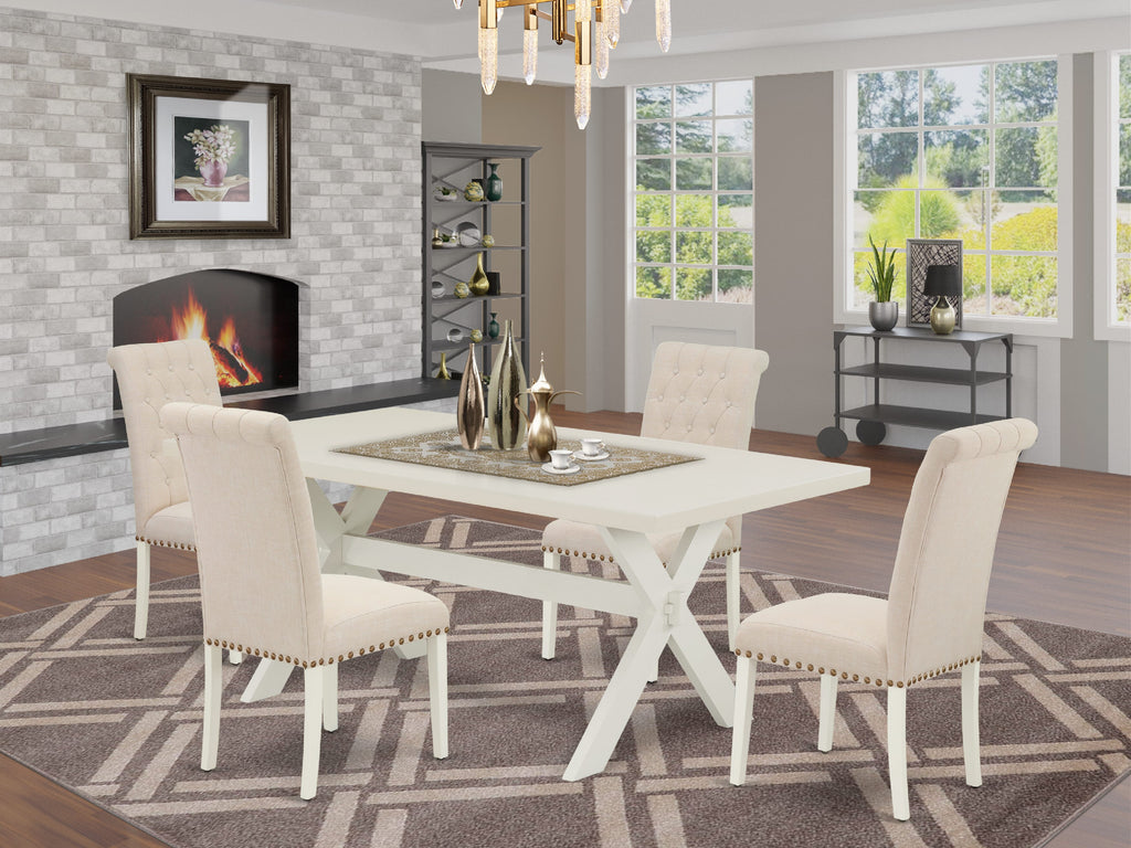 East West Furniture X027BR202-5 5 Piece Dining Set Includes a Rectangle Dining Room Table with X-Legs and 4 Light Beige Linen Fabric Upholstered Parson Chairs