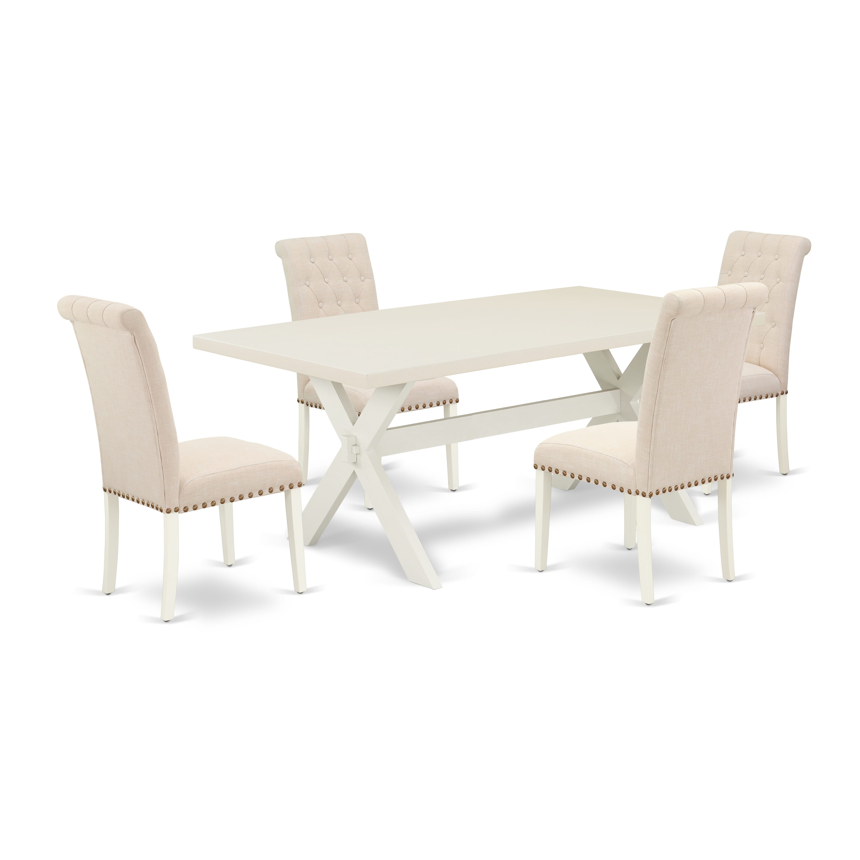 Juego de comedor de 5 piezas East West Furniture X027BR202-5. Incluye una mesa de comedor rectangular con patas en forma de X y 4 sillas Parson tapizadas en tela de lino beige claro.