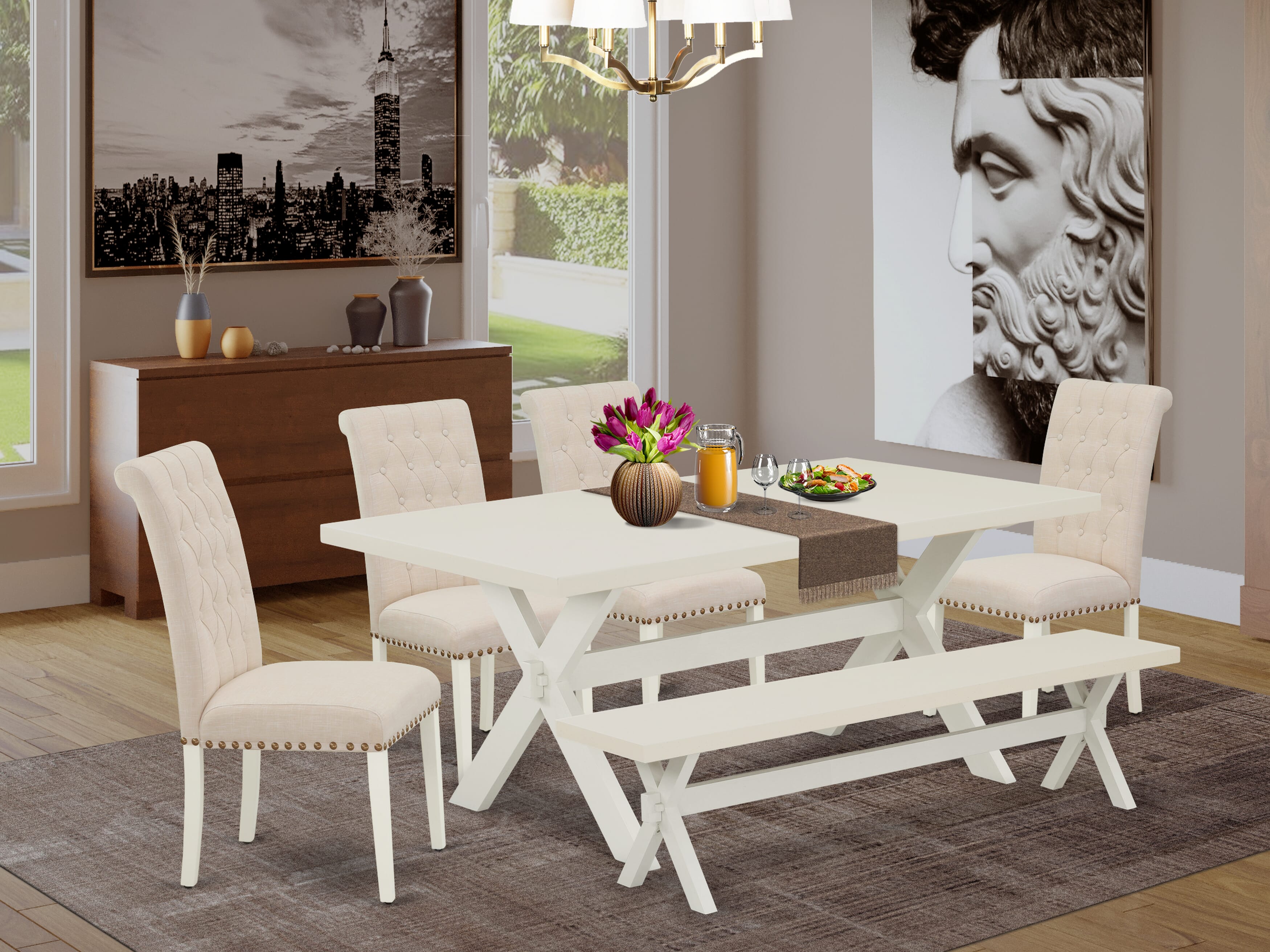 East West Furniture X027BR202-6 6-Piece Table Dining Set-Light Beige Linen Fabric Seat and Button Tufted Chair Back Parson Dining chairs, A Rectangular Bench and Rectangular top Wood Kitchen Table with Hardwood Legs - linen white and linen white Finish
