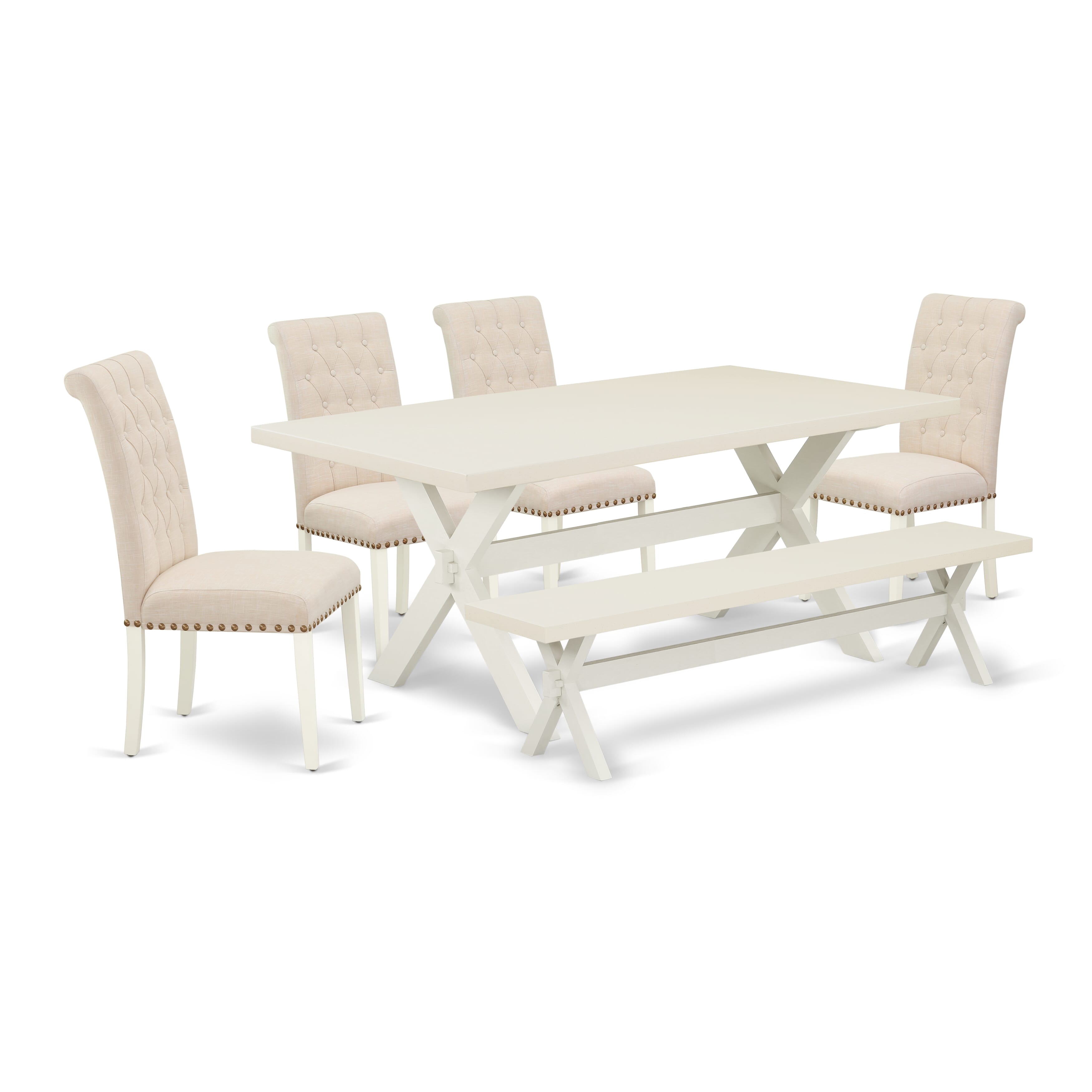 East West Furniture X027BR202-6 6-Piece Table Dining Set-Light Beige Linen Fabric Seat and Button Tufted Chair Back Parson Dining chairs, A Rectangular Bench and Rectangular top Wood Kitchen Table with Hardwood Legs - linen white and linen white Finish