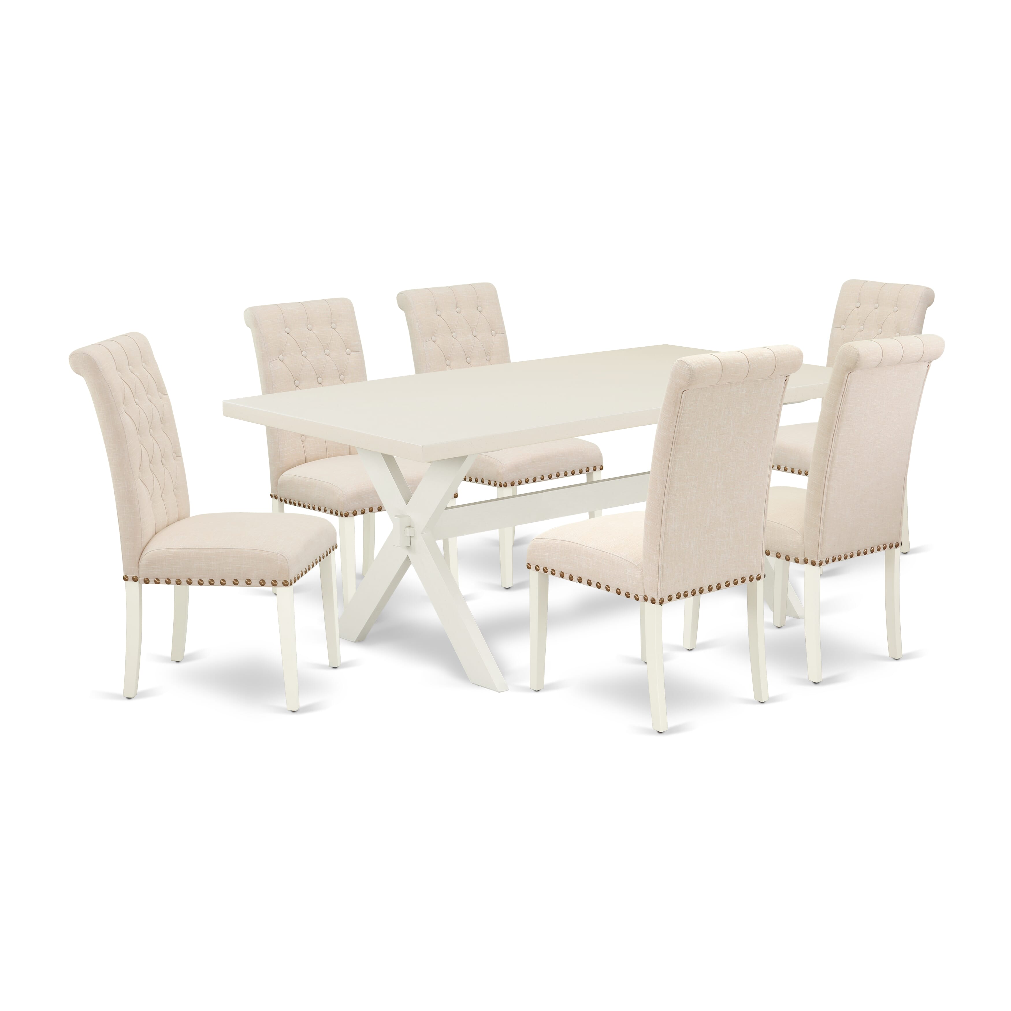 Juego de mesa de cocina de 7 piezas East West Furniture X027BR202-7 compuesto por una mesa de comedor rectangular con patas en forma de X y 6 sillas de comedor Parson de tela de lino beige claro.