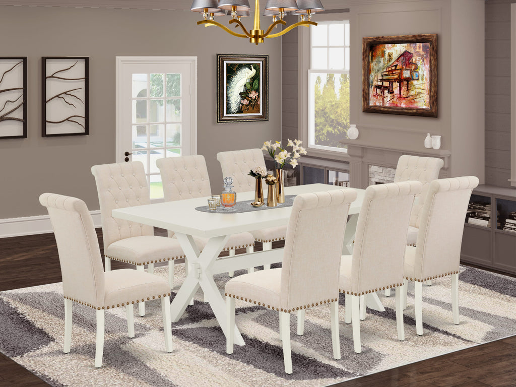 East West Furniture X027BR202-9 9-Piece Dining Table Set a Great linen white Small Kitchen Table top and 8 Gorgeous Parson Dining chairs with Nail Heads and Button Tufted, linen white Finish