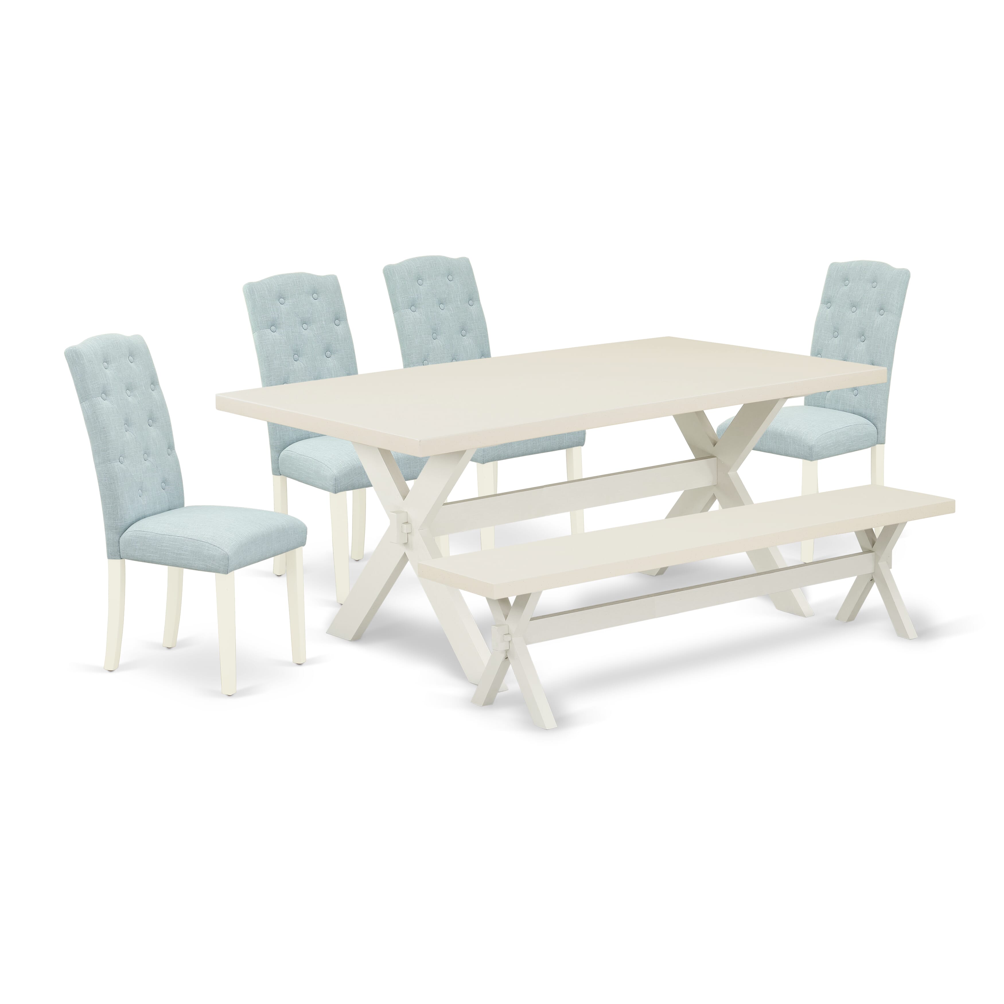 East West Furniture X027CE215-6 6-Piece dining table set-Baby Blue Linen Fabric Seat and Button Tufted Chair Back Parson chairs, A Rectangular Bench and Rectangular top Modern Dining Table with Solid Wood Legs - linen white and linen white Finish