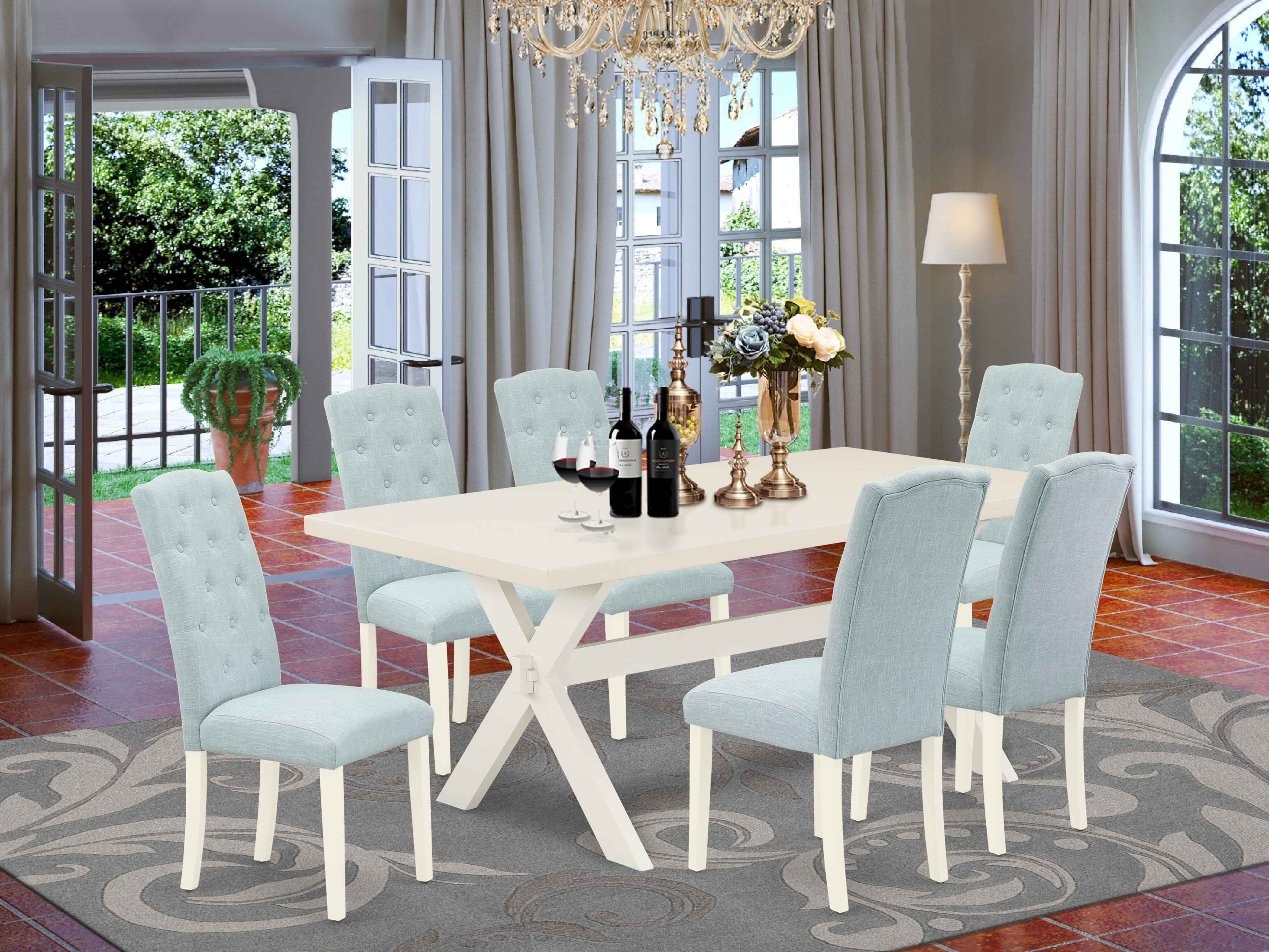 Juego de mesa de comedor de 7 piezas East West Furniture X027CE215-7 compuesto por una mesa de cocina rectangular con patas en forma de X y 6 sillas de comedor Parson de tela de lino azul bebé.