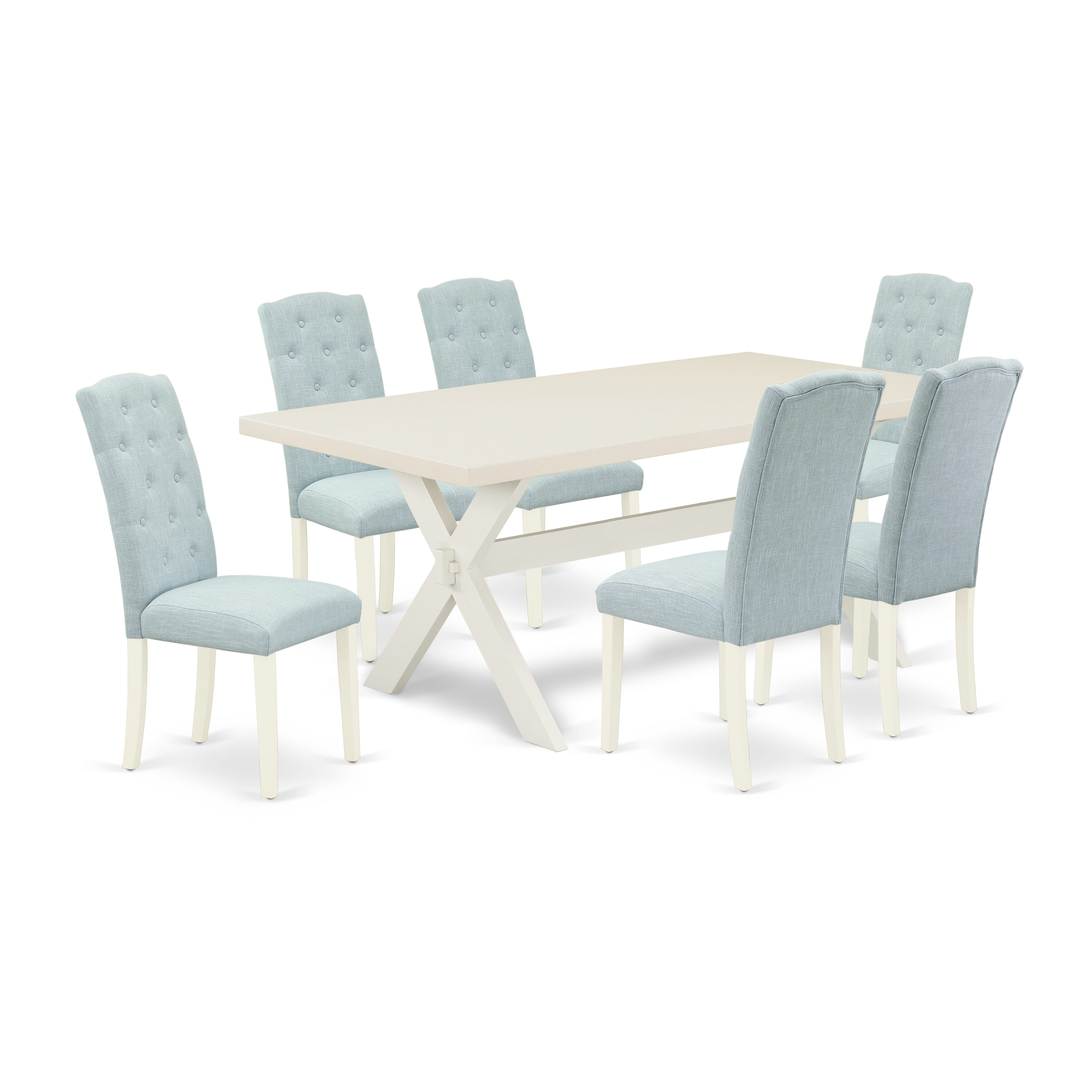 Juego de mesa de comedor de 7 piezas East West Furniture X027CE215-7 compuesto por una mesa de cocina rectangular con patas en forma de X y 6 sillas de comedor Parson de tela de lino azul bebé.