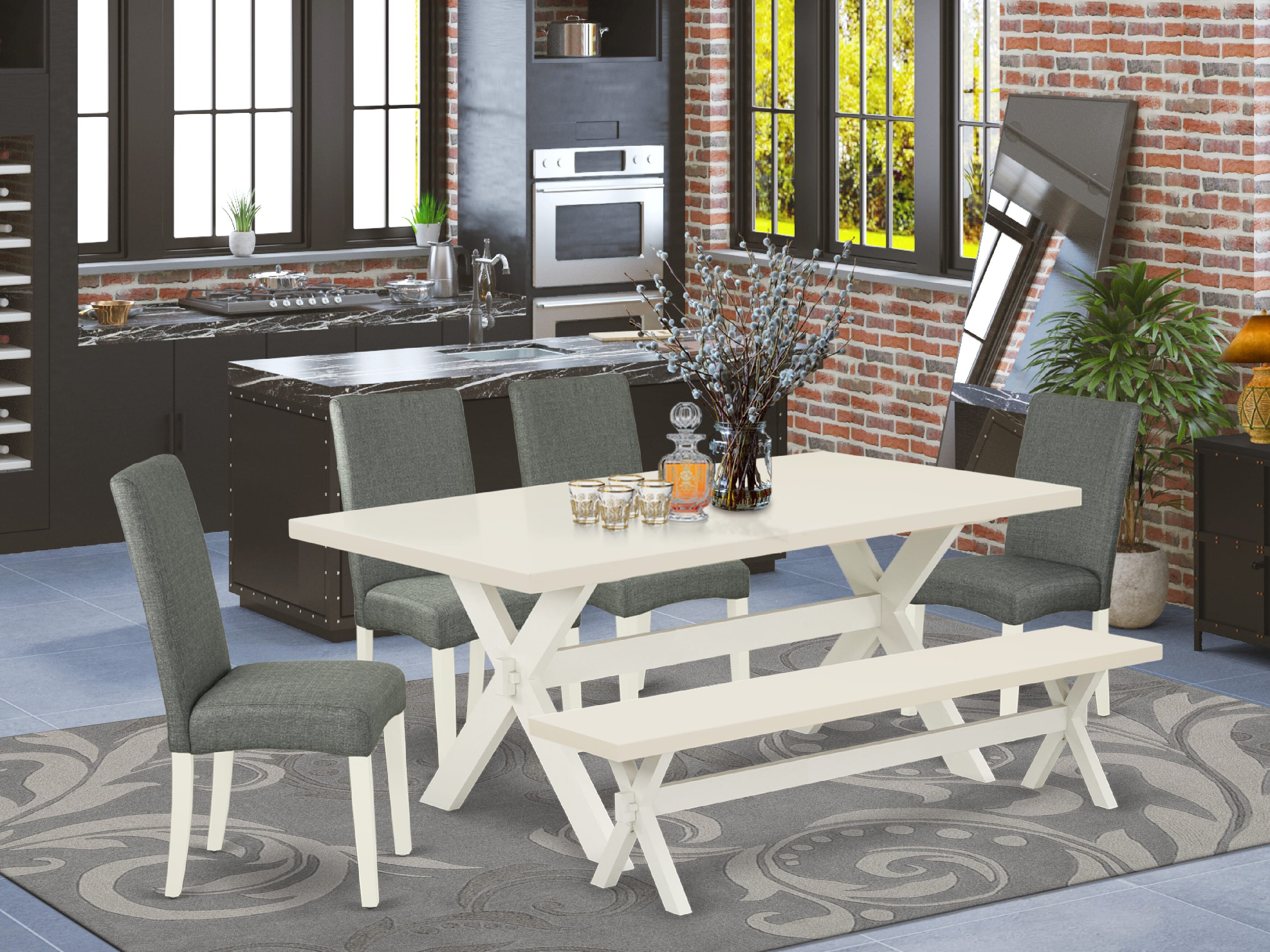 East West Furniture X027DR207-6 6-Piece dining table set-Grey Smoke Linen Fabric Seat and Stylish Chair Back Dining chairs, A Rectangular Bench and Rectangular top dining table with Hardwood Legs - linen white and linen white Finish
