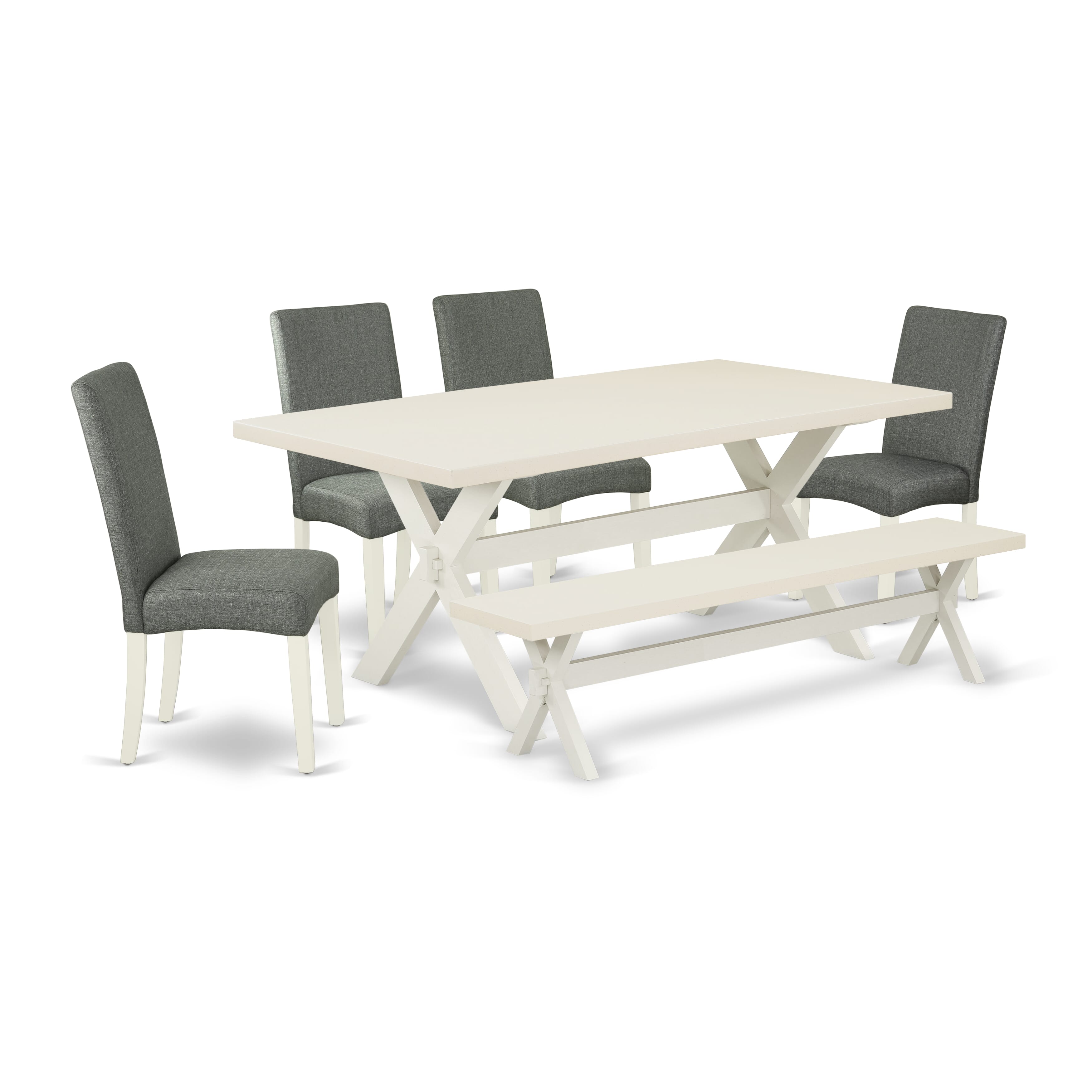 East West Furniture X027DR207-6 6-Piece dining table set-Grey Smoke Linen Fabric Seat and Stylish Chair Back Dining chairs, A Rectangular Bench and Rectangular top dining table with Hardwood Legs - linen white and linen white Finish