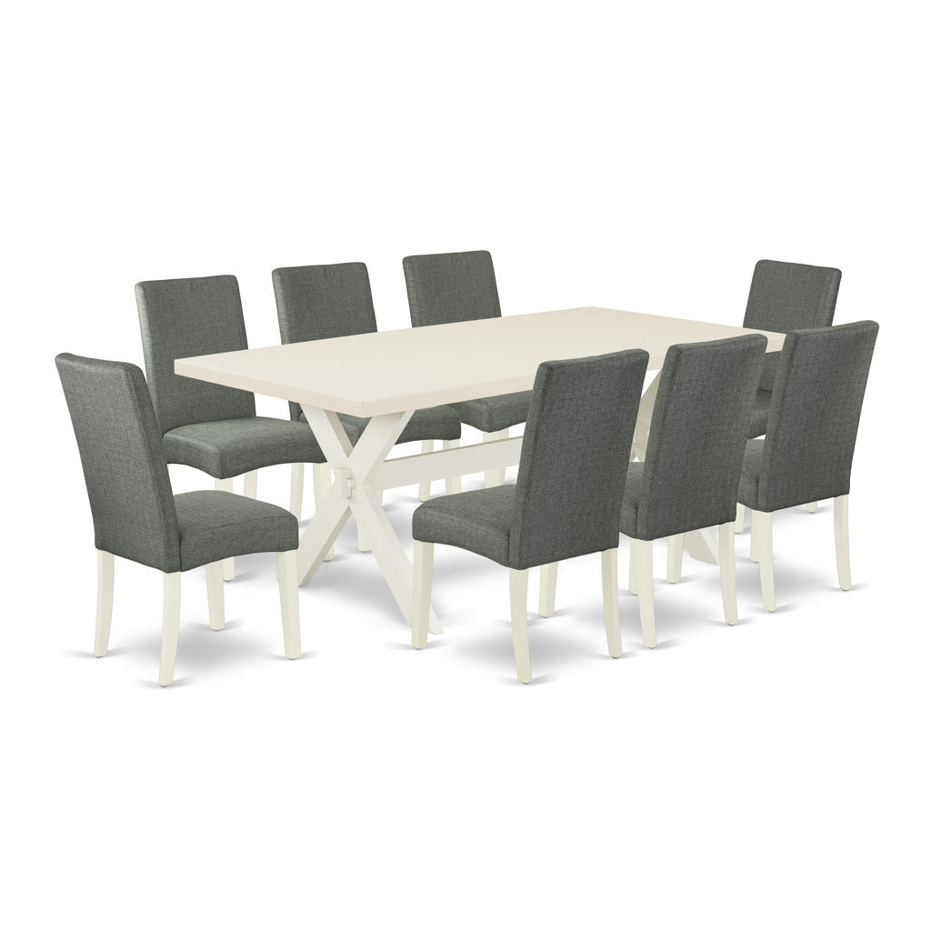 East West Furniture X027DR207-9 9-Pc Rectangular Dining Table Set a Fantastic linen white dining table top and 8 Beautiful Kitchen Parson Chair with High Stylish Chair Back, linen white Finish