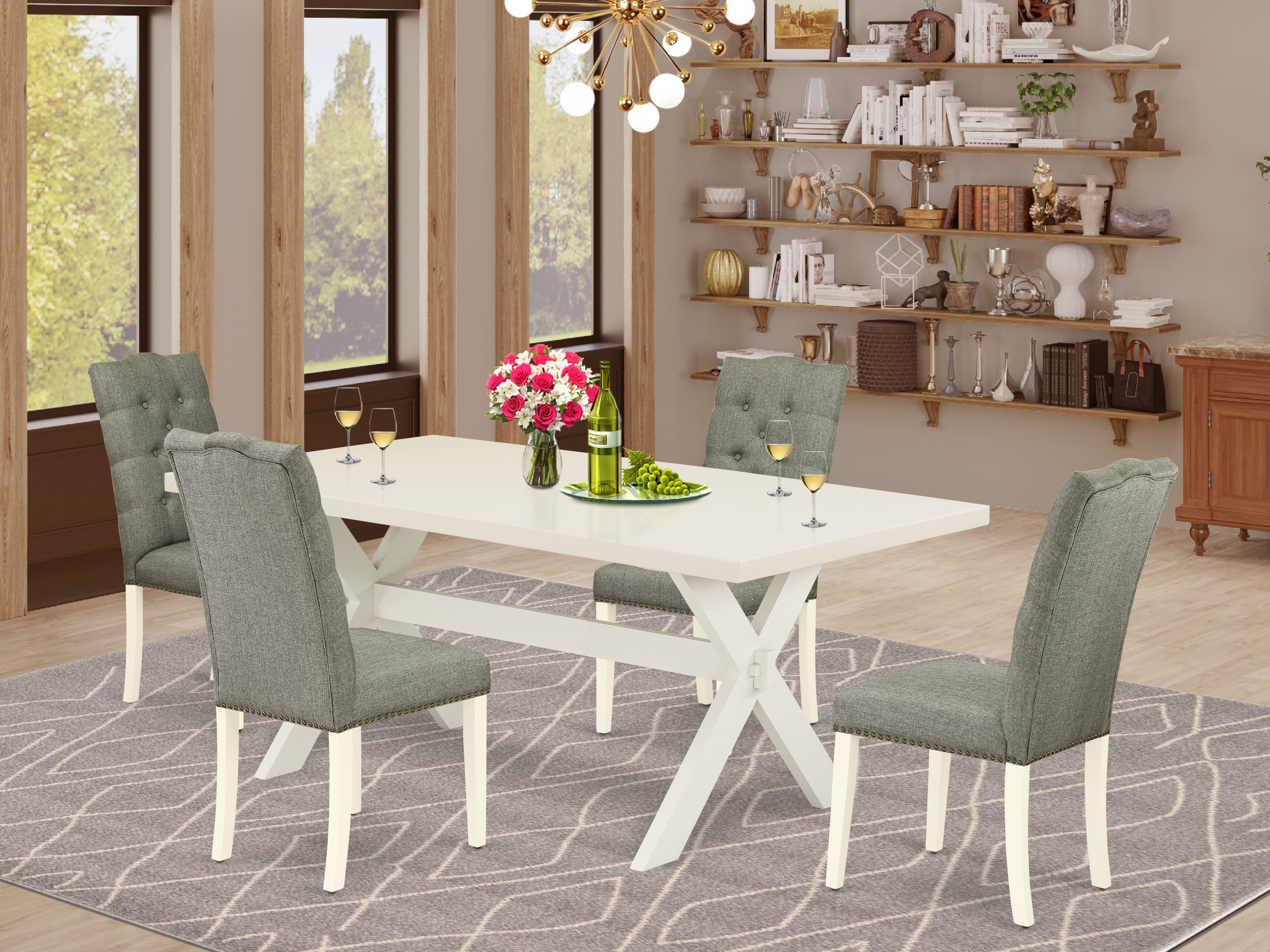 East West Furniture X027EL207-5 5-Piece kitchen table set a Beautiful linen white Small Dining Table top and 4 Beautiful Kitchen Parson Chair with Nail Heads and High Button Tufted Chair Back, linen white Finish