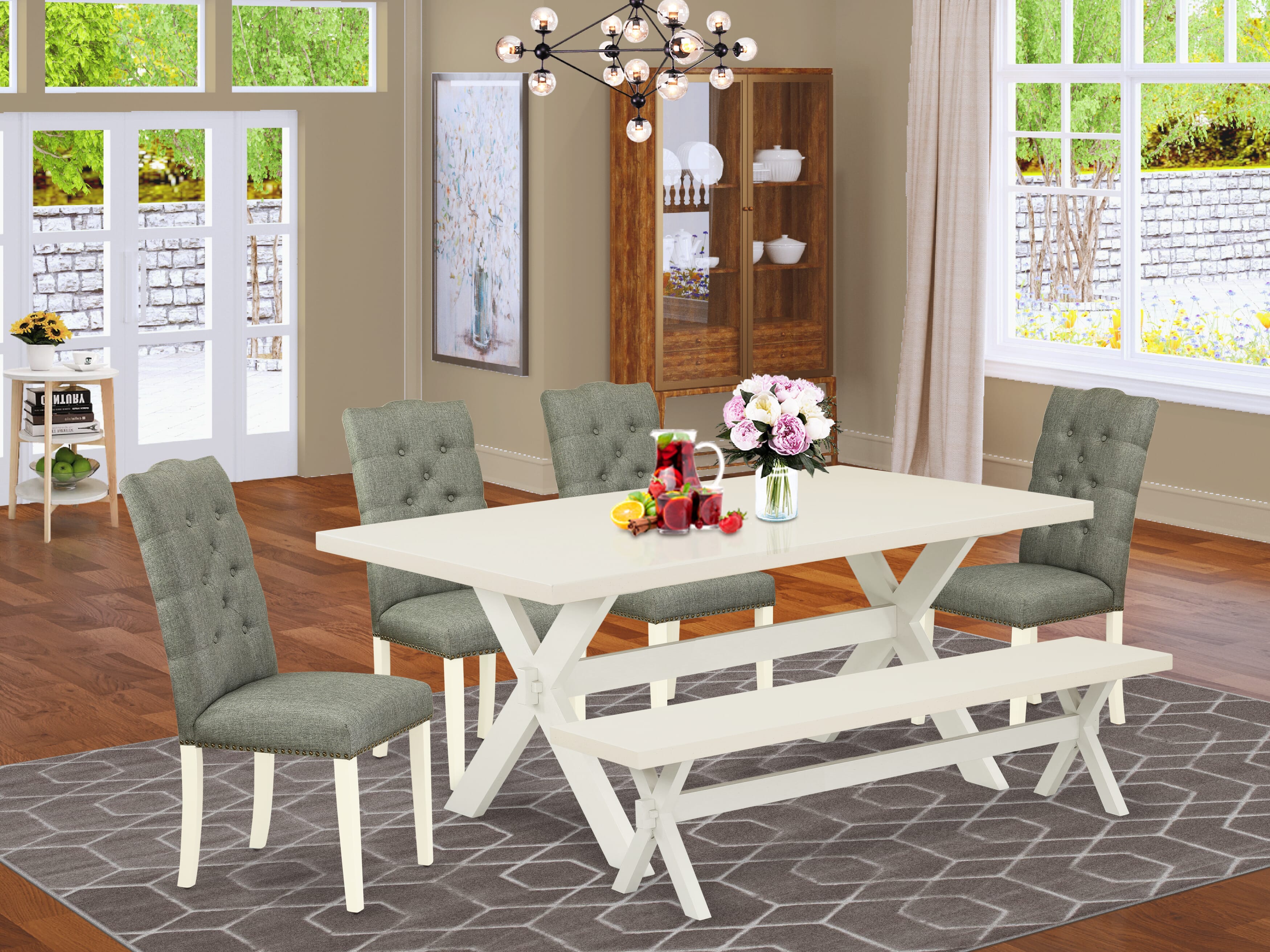 East West Furniture X027EL207-6 6-Pc Dinette Table Set-Smoke Color Linen Fabric Seat and Button Tufted Chair Back Dining chairs, a Rectangular Bench and Rectangular top Modern Dining Table with Wood Legs - linen white and linen white Finish
