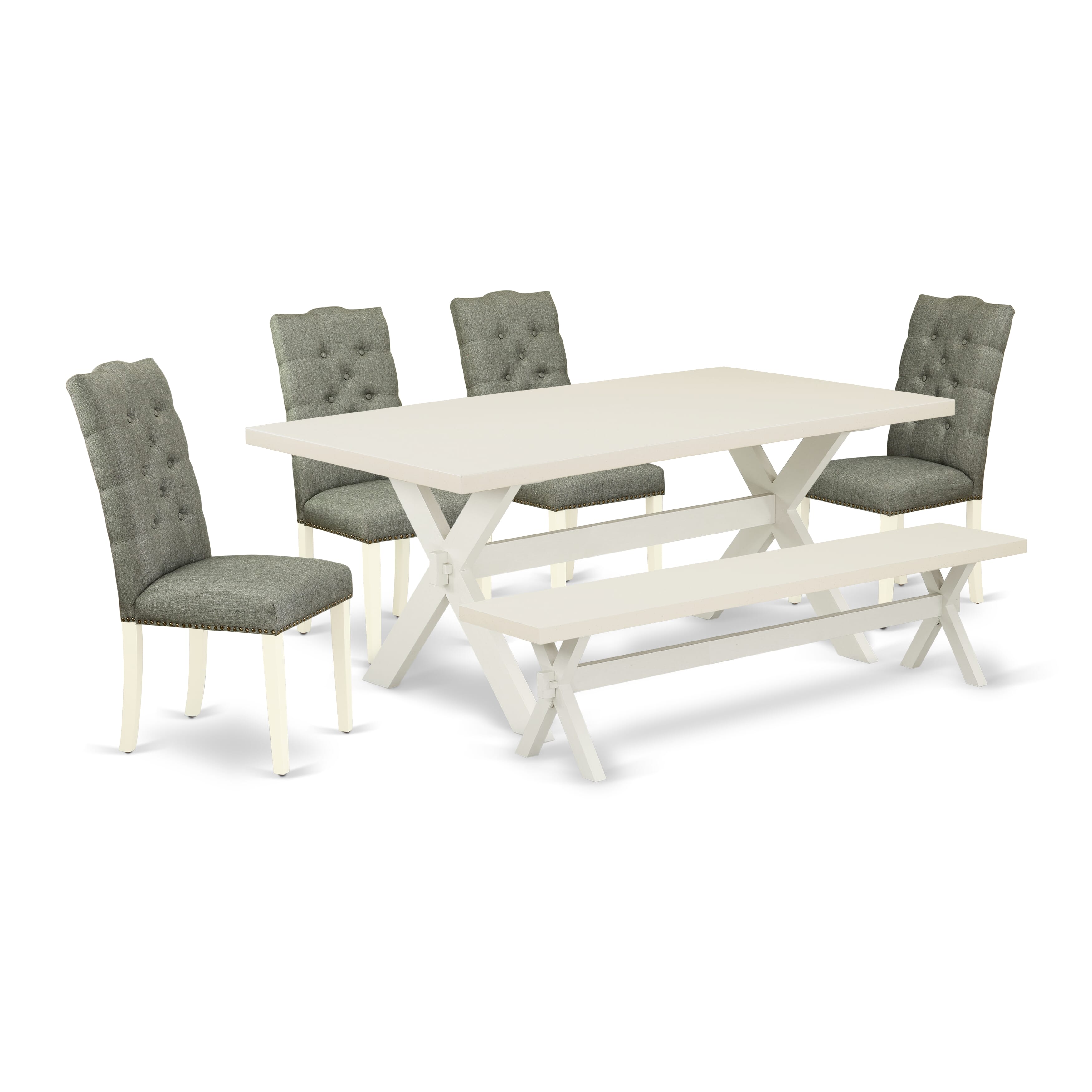 East West Furniture X027EL207-6 6-Pc Dinette Table Set-Smoke Color Linen Fabric Seat and Button Tufted Chair Back Dining chairs, a Rectangular Bench and Rectangular top Modern Dining Table with Wood Legs - linen white and linen white Finish