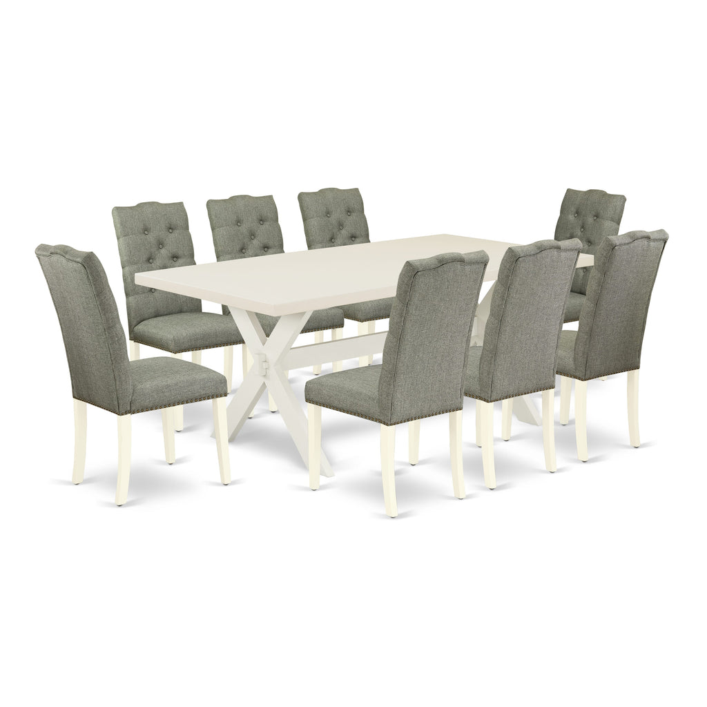 East West Furniture X027EL207-9 9 Piece Kitchen Table & Chairs Set Includes a Rectangle Dining Room Table with X-Legs and 8 Gray Linen Fabric Parson Dining Chairs