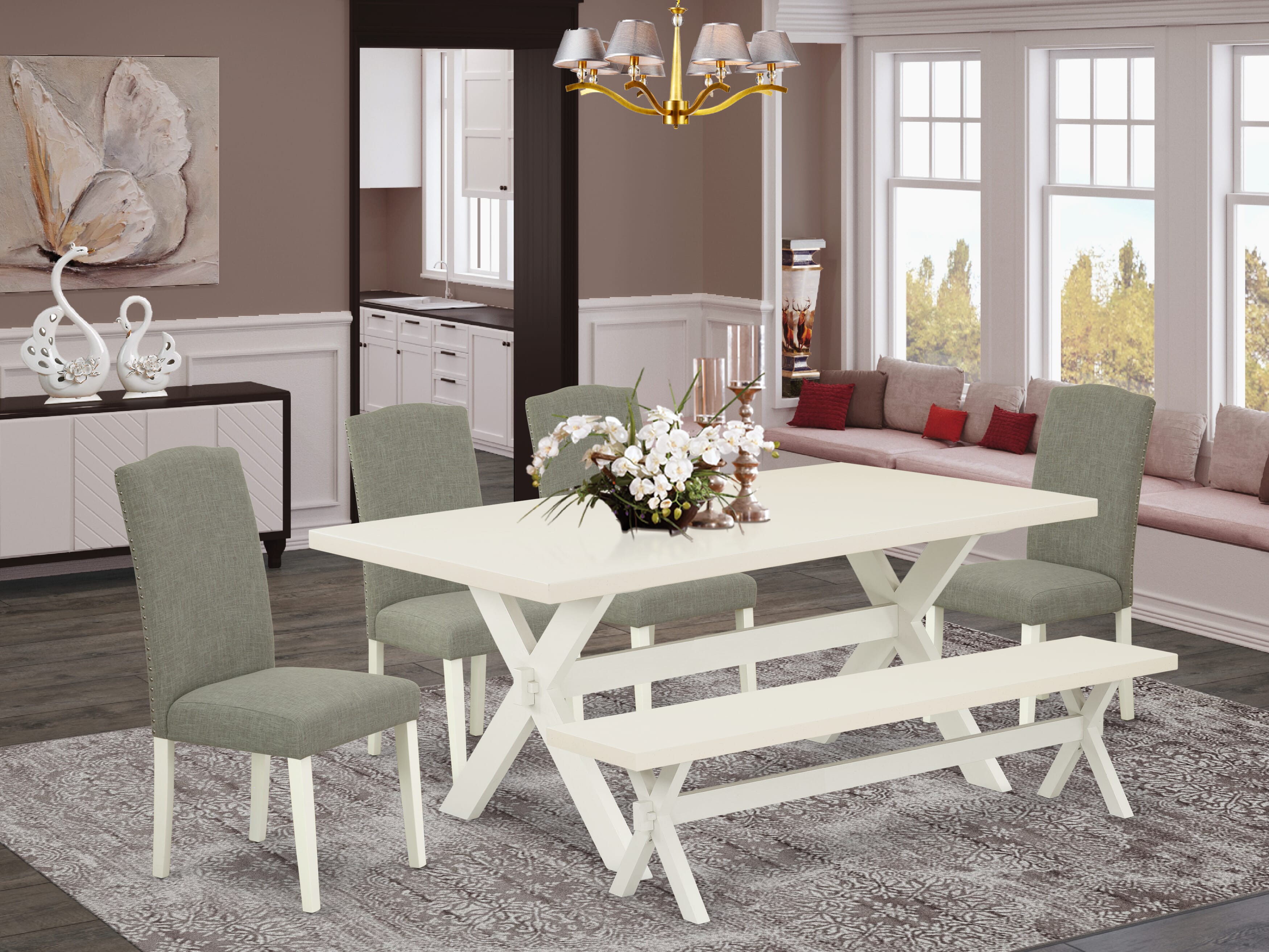 East West Furniture X027EN206-6 6-Pc Dinette Table Set-Dark Shitake Linen Fabric Seat and Stylish Chair Back Parson Dining chairs, A Rectangular Bench and Rectangular top Dining room Table with Wooden Legs - linen white and linen white Finish