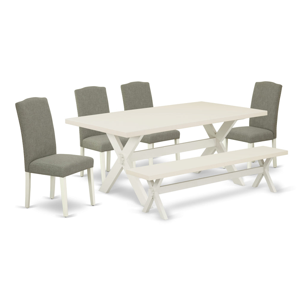 Juego de mesa de cocina de 6 piezas East West Furniture X027EN206-6. Contiene una mesa de comedor rectangular con patas en forma de X y 4 sillas Parson de tela de lino shitake oscuro con un banco.