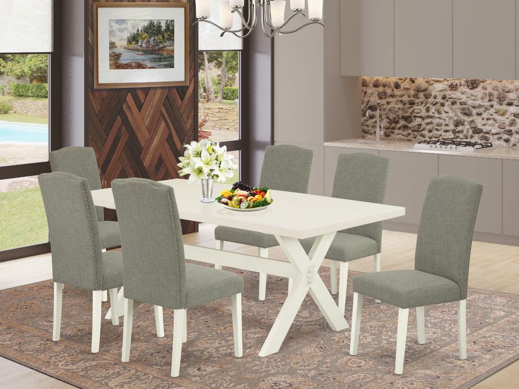 East West Furniture X027EN206-7 7 Piece Dining Room Furniture Set Consist of a Rectangle Dining Table with X-Legs and 6 Dark Shitake Linen Fabric Parsons Chairs
