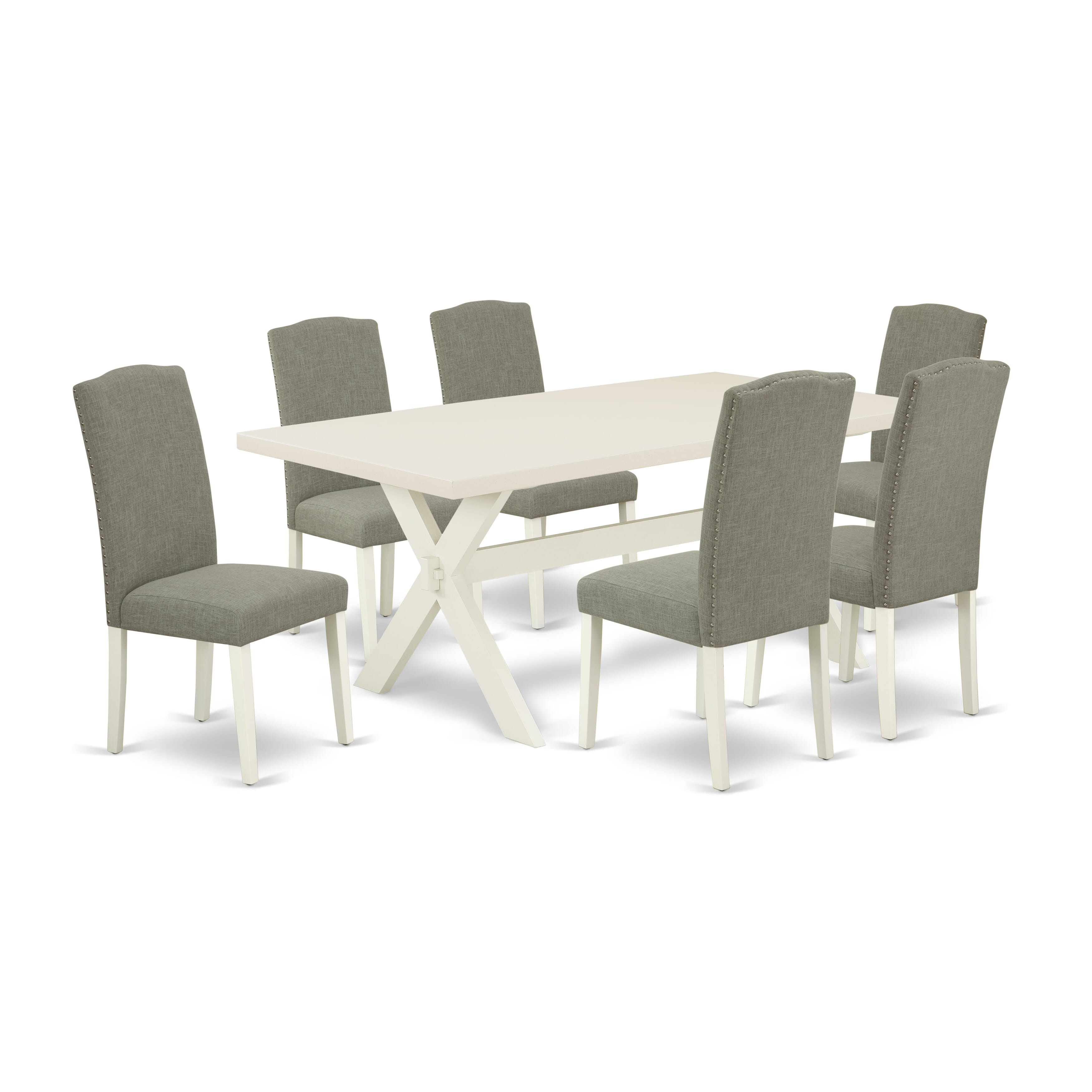 East West Furniture X027EN206-7 7-Piece dining room table set an excellent linen white small table top and 6 Fantastic Dining chairs with Nail heads and High Stylish Chair Back, linen white Finish