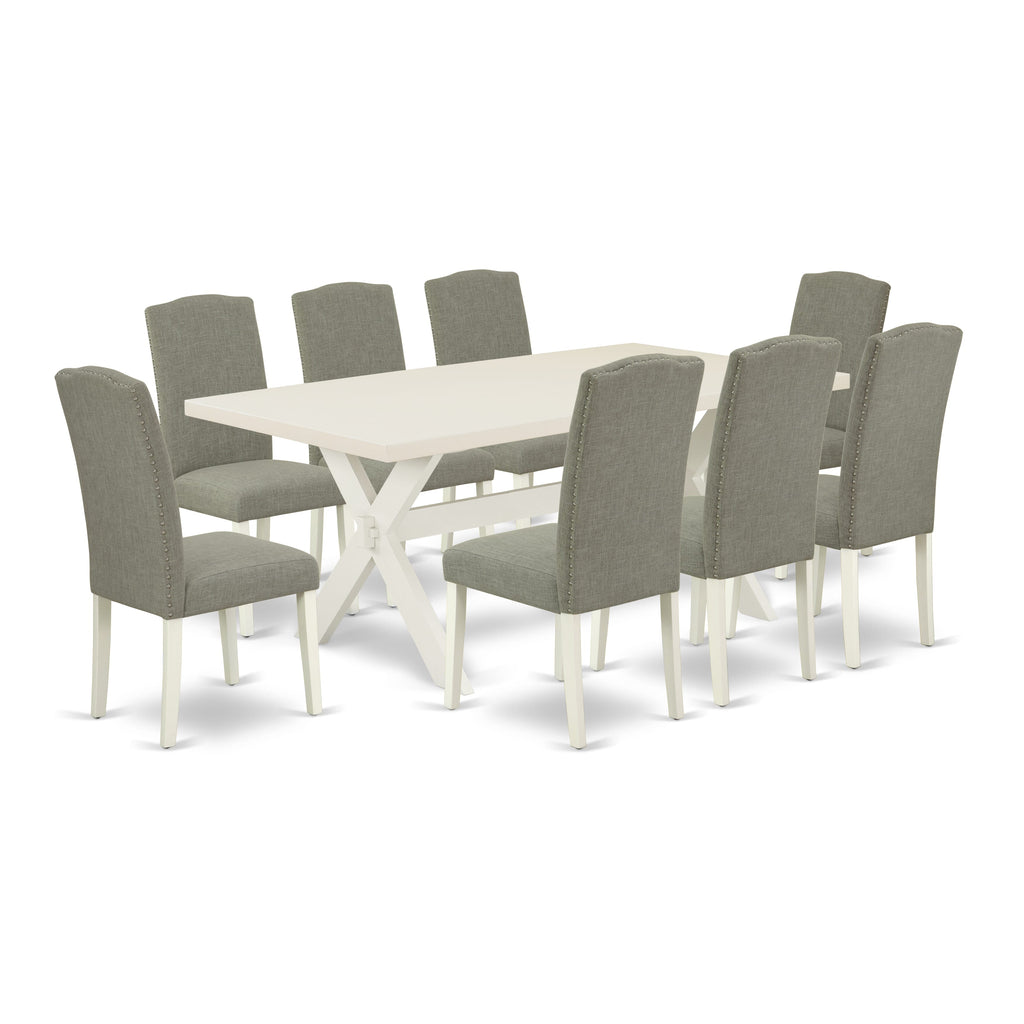 El juego de mesa de comedor East West Furniture X027EN206-9 de 9 piezas incluye una mesa de comedor rectangular con patas en forma de X y 8 sillas tapizadas en tela de lino shitake oscuro.