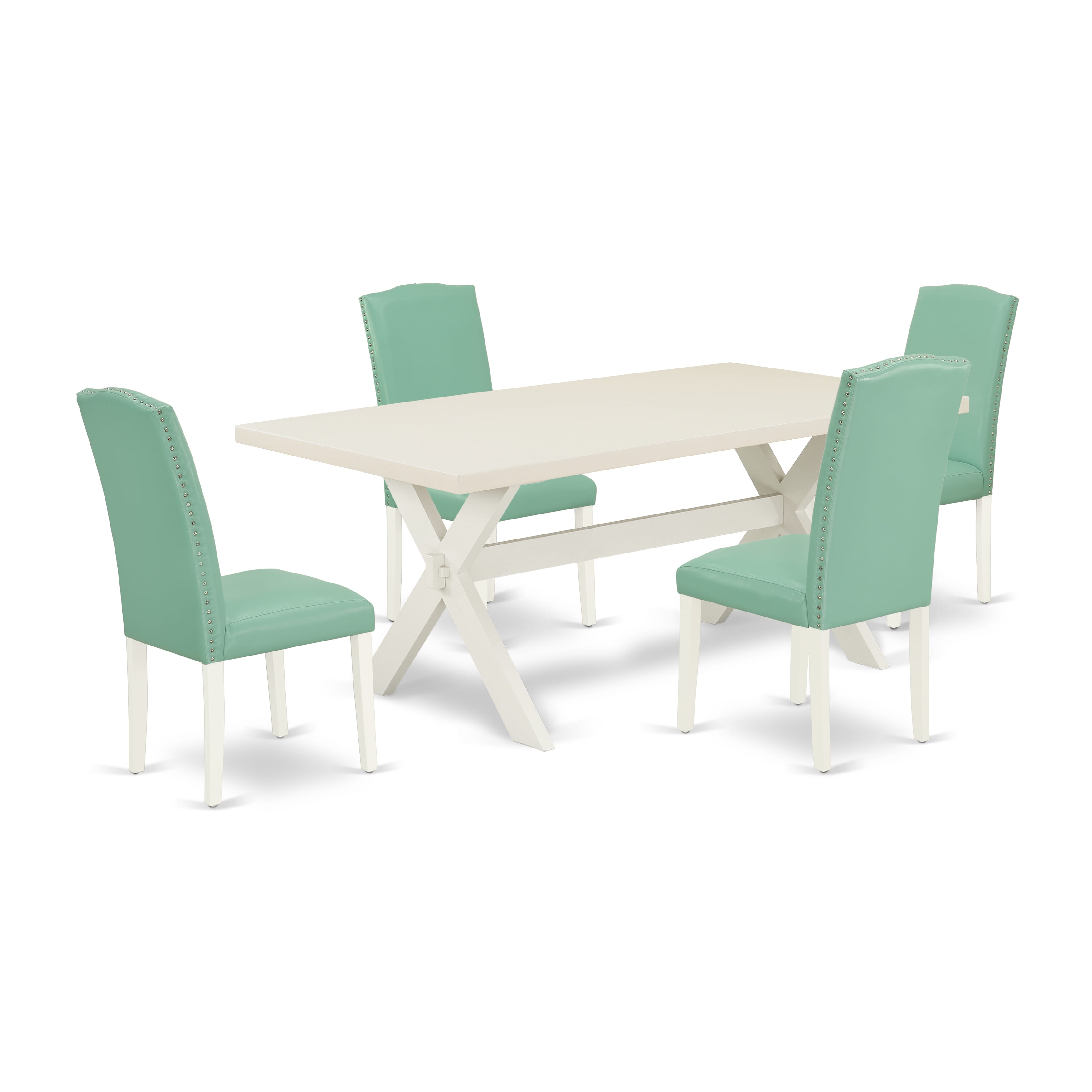 East West Furniture X027EN257-5 5-Pc Dinette SetIncluded 4 dining room chairs Upholstered Nails Head Seat and Stylish Chair Back and Rectangular Kitchen Dining Table with linen white Dining Table top (linen white Finish)