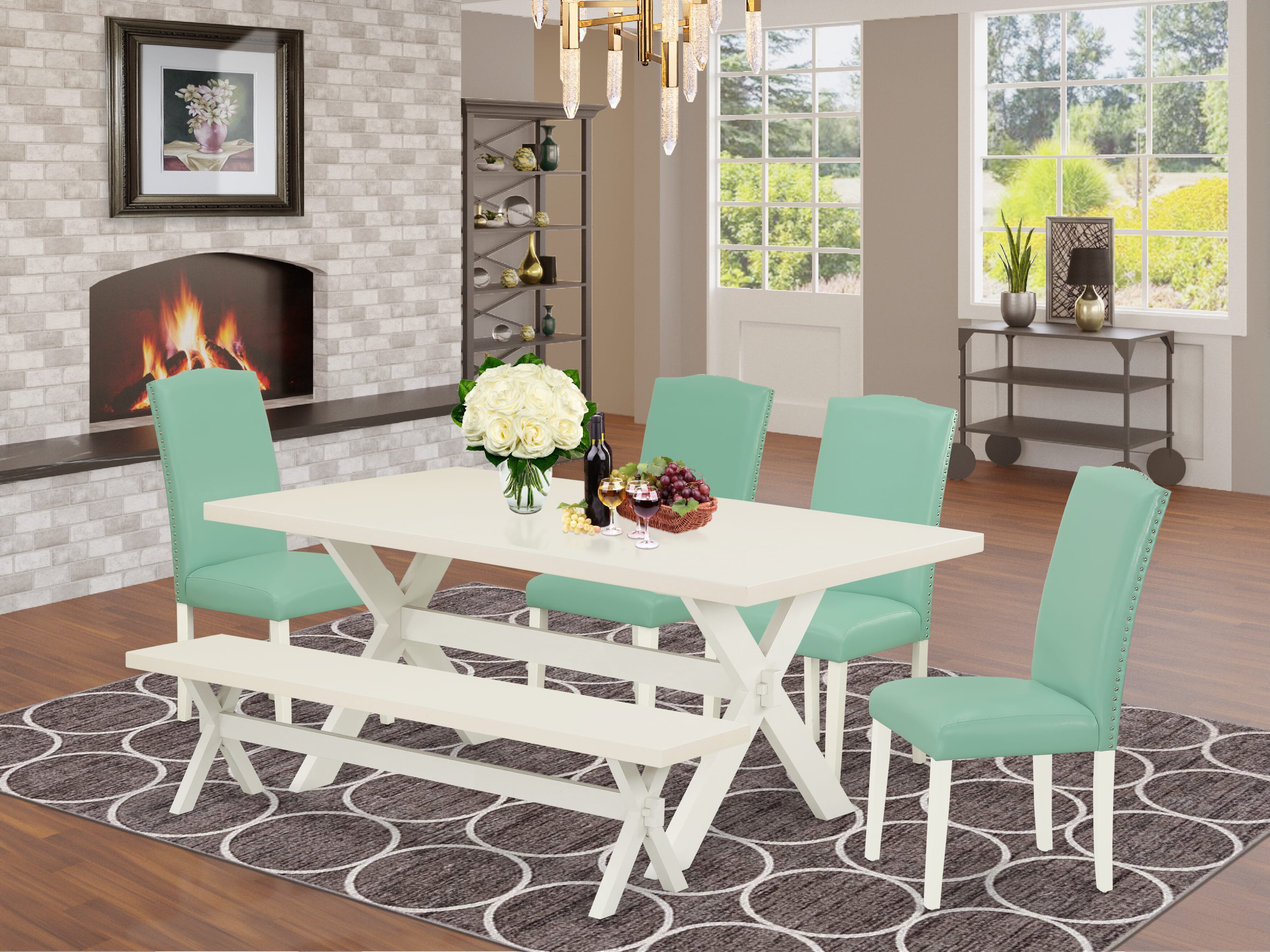 East West Furniture X027EN257-6 6-Piece -Pond Linen Fabric Seat and Button Tufted Chair Back Parson chairs, A Rectangular Bench and Rectangular top Wood Dining Table with Wooden Legs - linen white and linen white Finish