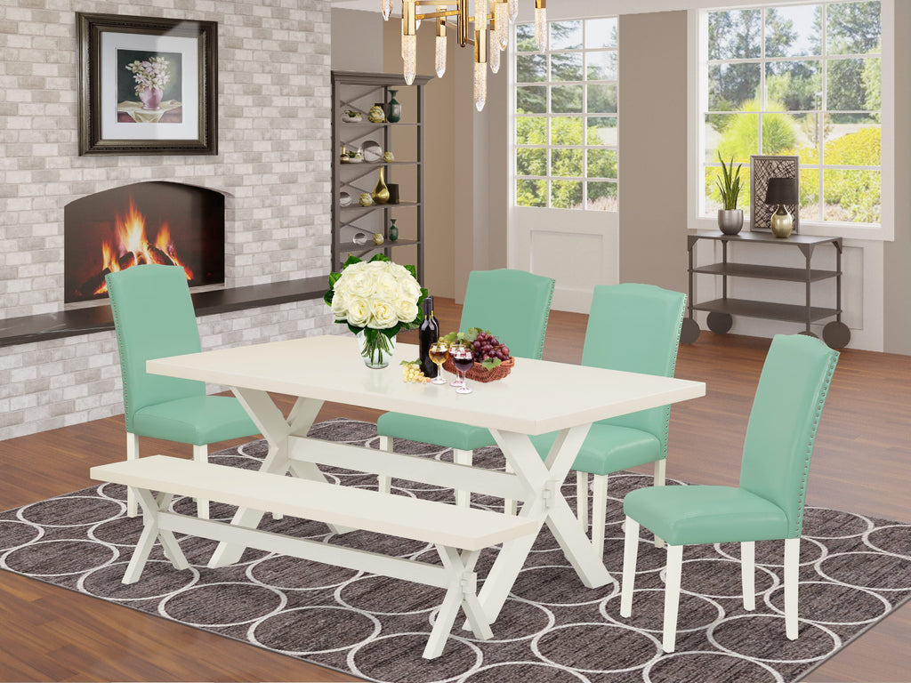 East West Furniture X027EN257-6 Juego de mesa y sillas de cocina de 6 piezas. Contiene una mesa rectangular de madera y 4 sillas Parson de piel sintética con banco.