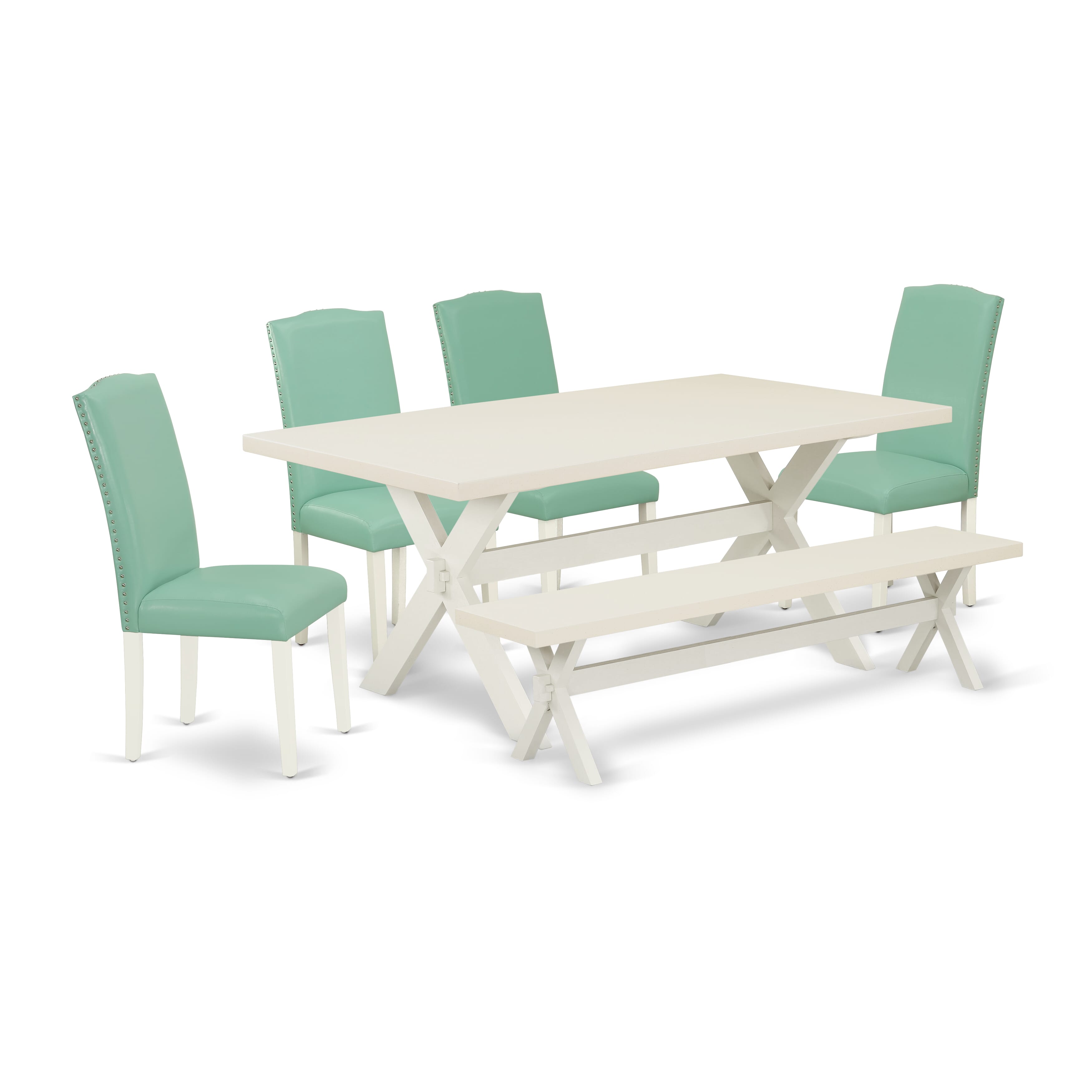 East West Furniture X027EN257-6 6-Piece -Pond Linen Fabric Seat and Button Tufted Chair Back Parson chairs, A Rectangular Bench and Rectangular top Wood Dining Table with Wooden Legs - linen white and linen white Finish