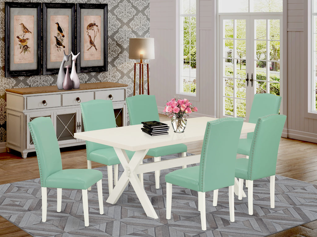 East West Furniture X027EN257-7 7 Piece Kitchen Table Set Consist of a Rectangle Dining Table with X-Legs and 6 Pond Faux Leather Parsons Dining Chairs